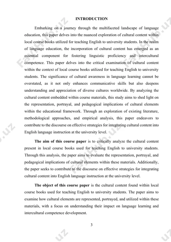 egies for incorporating cultural elements into language instruction, thereby advancing theoretical discussions on language learning, intercultural communication, and educational pedagogy. the tasks of this course paper include: 1. conducting a comprehensive analysis of cultural content within local course books used for teaching english to university students. 2. identifying and examining the representation, portrayal, and pedagogical implications of cultural elements present in the course materials. 3. reviewing existing literature and theoretical frameworks related to the integration of cultural content into language education. 4. selecting appropriate methodologies for analyzing the cultural content in the course books. 5. presenting findings from the analysis, including thematic trends, cultural perspectives, and potential stereotypes. 6. discussing the significance of cultural sensitivity and authenticity in selecting course books for language instruction. 7. offering recommendations for educators on effectively integrating cultural content into english language teaching practices at the university level. 8. contributing to the theoretical discourse on …