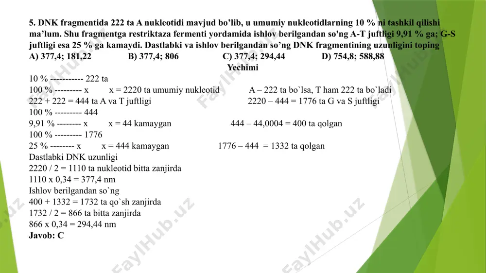 400 b)3200 c)3600 d)4200 yechimi 57600 / 120 = 480 ta aminokislota 480 x 3 = 1440 ta nukleotid i-rnk da i-rnk ning 20 % qismi ishtirok etmagan bo`lsa 80 % qismi ishtirok etgan 80 % --------- 1440 ta 100 % -------- x x = 1800 nukleotid i-rnk da 1800 x 2 = 3600 nukleotid dnk qo`sh zanjirida javob: c 11. dnk molekulasidagi nukleotidlar soni 154 ta bo`lib, undagi vodorod bog`lar soni g lar sonidan 4,5 marta ko`p bo`lsa vodorod bog`lar sonini aniqlang. a)198 b)200 c)240 d)300 yechimi dnk molekulasida 154 ta nukleotid bo`lsa, purin asoslari 77 ta (a va g), pirimidin asoslari ham 77 ta (s + t) bo`ladi g = x a = 77 – x a va t orasida 2 ta, g va s orasida 3 ta h bog` borligini hisobga olib tenglama tuzamiz (77-x) · 2 + (x) · 3 ----------------------- = 4,5 x 154 – …