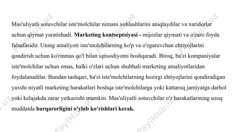 yicha dastlabki qarorlari mijozlar uchun darhol qoniqish hosil qildi. biroq, tanqidchilarning ta'kidlashicha, mcdonald's va boshqa tez ovqatlanish tarmoqlari uzoq muddatli milliy semizlik epidemiyasiga hissa qo'shgan, iste'molchilar salomatligiga zarar yetkazgan. barqaror marketing (misol) axloqiy xulq-atvor va ijtimoiy farovonlik masalalaridan tashqari, mcdonald's o'zining ulkan global operatsiyalari, isrofgar qadoqlash va qattiq chiqindilarni yaratishdan tortib, do'konlarida energiya samarasiz foydalanishgacha bo'lgan katta ekologik izi uchun ham tanqid qilindi. shunday qilib, mcdonald's strategiyasi uzoq muddatda na iste'molchi, na kompaniya foydasi nuqtai nazaridan barqaror emas edi. 20.1-rasmda belgilangan ijtimoiy marketing konsepsiyasi iste'molchilarning kelajakdagi farovonligini va strategik rejalashtirish konsepsiyasi kompaniyaning kelajakdagi ehtiyojlarini hisobga olgan bo'lsa, barqaror marketing kontseptsiyasi ikkalasini ham hisobga oladi. barqaror marketing mijozlar va kompaniyaning bevosita va kelajakdagi ehtiyojlarini qondiradigan ijtimoiy va ekologik jihatdan mas'uliyatli harakatlarni talab qiladi. barqaror marketing iste'molchilarning ehtiyojlari biznes ehtiyojlari marketing konsepsiyasi strategik rejalashtirish konsepsiyasi ijtimoiy marketing tushunchasi barqaror marketing konsepsiyasi hozir kelajak kelajak hozir barqaror marketing misol uchun, o'n yildan ko'proq …