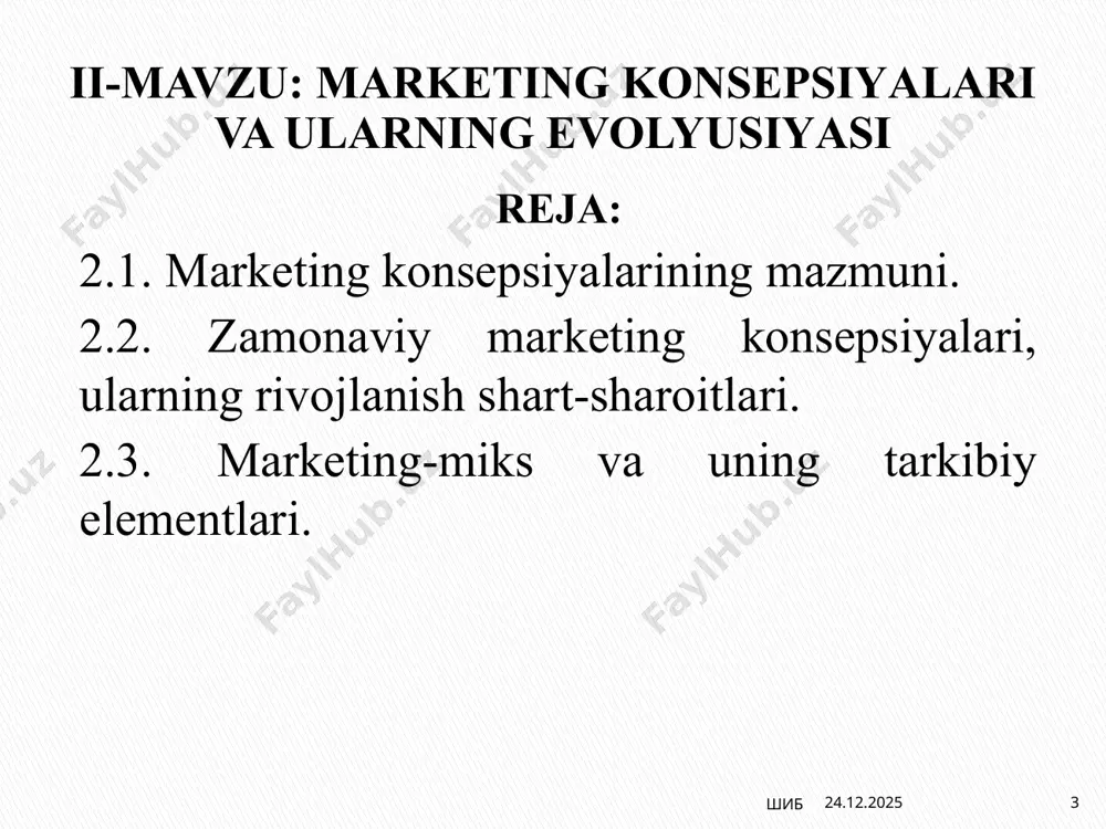 ’rolmaydigan marketing”ga olib kelishi mumkin. masalan, “o’zbekiston havo yo’llari” kompaniyasining rahbariyati mijozlarga faqat samolyot kerak deb o’ylab, boshqa qulayliklar va xizmatlarni tashkil etishni o’ylashmasa, u holda mijozlarini yo’qotib qo’yishi ham mumkin. 10 06.02.2025 шиб marketing evalyusiyasining ikkinchi bosqichida tijorat faoliyatini jadallashtirish va marketingning umumiy konsepsiyalari (marketing-miks) vujudga keldi. bu konsepsiyalarda asosiy e’tibor tovarni sotishga va iste’molchilarga qaratilgan. tijorat faoliyatini (sotishni) jadallashtirish konsepsiyasi (selling concept) tovarni siljitish, sotish va sotilishlarini rag’batlantirish sohasida yetarli darajada, hatto agressiv harakatlar amalga oshirilmasa, iste’molchilar korxonaning tovarlarini kerakli miqdorda sotib olmaydilar – deb hisoblaydi. ko’pgina firmalar sotishda qiyinchiliklar tug’ilsa, ortiqcha ishlab chiqarish belgilari ko’rina boshlasa, mazkur konsepsiyani mo’ljal qiladilar. bunday firma va kompaniyalarning maqsadi - bozor talab qilayotgan tovarlarni ishlab chiqarish emas, balki ishlab chiqarilgan tovarlarni sotishdan iboratdir. 06.02.2025 шиб 11 konsepsiya e’tiborning asosiy obyekti vosita, yutuq, maqsadlar daromadni oshirish manbai tijorat faoliyatini jadallashtirish (sotish) ishlab chiqarilgan tovarlar sotish tizimini takomillashtirish, reklama, sotishni kuchaytirish sotish hajmining …