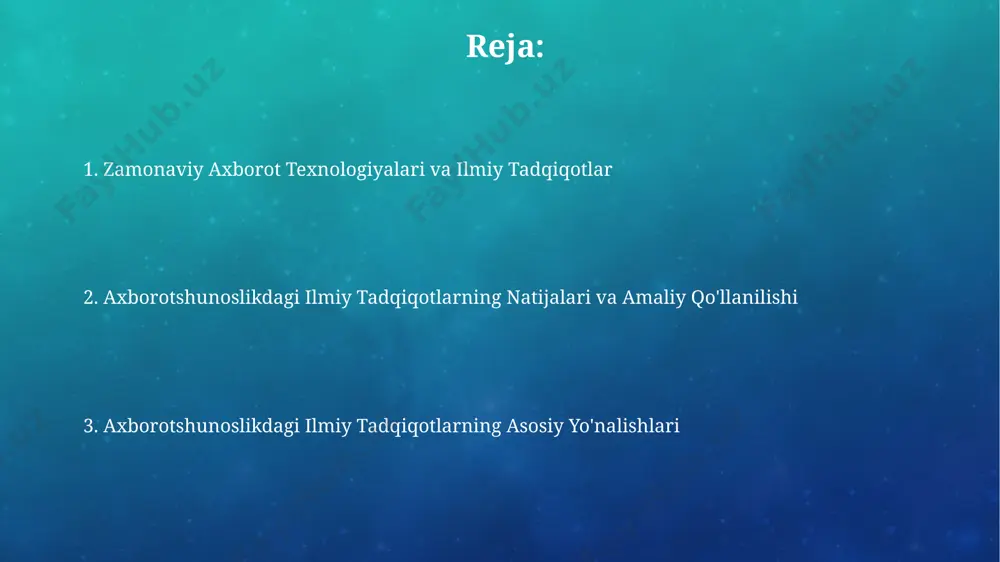 gi ma'lumotlar (big data) tahlili va mashinani o'rgatish (machine learning) algoritmlari axborotshunoslikdagi amaliy tadqiqotlarning muhim qismidir, samaradorlikni 30% ga oshirishga yordam beradi. o'zbekistondagi axborotshunoslik sohasidagi ilmiy izlanishlar soni oxirgi 5 yil ichida 2 baravar oshgan bo'lib, bu sohaga qiziqishning ortishi va davlat tomonidan qo'llab-quvvatlanishini ko'rsatadi. axborotshunoslikdagi kelajakdagi tadqiqot yo'nalishlari kiberxavfsizlik va axborot himoyasi sohasida kvant hisoblash texnologiyalarining ta'siri bo'yicha 2025 yilgacha kamida 50 ta muhim ilmiy ish nashr etilishi taxmin qilinmoqda. semantik veb va bilimlarni avtomatlashtirilgan qayta ishlash texnologiyalarining rivojlanishi tufayli kelgusi 10 yilda axborot qidiruv tizimlarining samaradorligi 30% ga oshishi mumkin. axborotshunoslikdagi nazariy tadqiqotlar axborotshunoslikdagi nazariy tadqiqotlar ma'lumotlar tuzilmalari va algoritmlar samaradorligini tahlil qilish orqali 5 dan ortiq yangi modellarning ishlab chiqilishiga olib keldi, bu esa ma'lumotlarni qayta ishlash tezligini 20% ga oshirdi. semantik veb texnologiyalari bo'yicha o'tkazilgan 10 ta tadqiqot natijalari ko'rsatdiki, ontologiyalarni qo'llash orqali ma'lumotlarni qidirish aniqligi 35% ga yaxshilandi va 70% ga tezlashdi. axborotshunoslikdagi asosiy tadqiqot …