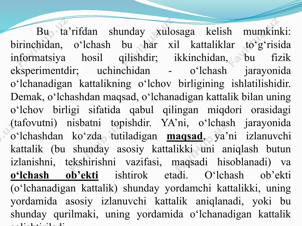 sanash qurilmasi yordamida to‘g‘ridan to‘g‘ri o‘lchanayotgan kattalikning qiymatini topish. masalan, prujinali manometr bilan bosimni o‘lchash yoki ampermetr yordamida tok kuchini topish. o‘lchov bilan taqqoslash (solishtirish) usuli - o‘lchanayotgan kattalikni o‘lchov orqali yaratilgan kattalik bilan taqqoslash (solishtirish) usuli. masalan tarozi toshi yordamida massani aniqlash. o‘lchov bilan taqqoslash usulining o‘zini bir nechta turlari mavjud: ayirmali o‘lchash (differensial) usuli - o‘lchov bilan taqqoslash usulining turi hisoblanib, o‘lchanayotgan kattalikning va o‘lchov orqali yaratilgan kattalikning ayirmasini (farqini) o‘lchash asbobiga ta’sir qilish usuli. misol qilib uzunlik o‘lchovini qiyoslashda uni komparatorda namunaviy o‘lchov bilan taqqoslab o‘tkaziladigan o‘lchash. yoki, voltmetr yordamida ikki kuchlanish orasidagi farqni o‘lchash, bunda kuchlanishlardan biri juda yuqori aniqlikda ma’lum, ikkinchisi esa izlanayotgan kattalik hisoblanadi. ux bilan u0 qanchalik yaqin bo‘lsa, o‘lchash natijasi ham shunchalik aniq bo‘ladi. nolga keltirish usuli - bu ham o‘lchov bilan taqqoslash usulining bir turi hisoblanadi. bunda kattalikning taqqoslash asbobiga ta’siri natijasini nolga keltirish lozim bo‘ladi. masalan, elektr qarshiligini qarshiliklar ko‘prigi …