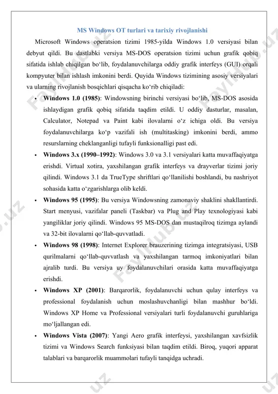 lmalarni qo‘llab-quvvatlash va yaxshilangan tarmoq imkoniyatlari bilan ajralib turdi. bu versiya uy foydalanuvchilari orasida katta muvaffaqiyatga erishdi. · windows xp (2001): barqarorlik, foydalanuvchi uchun qulay interfeys va professional foydalanish uchun moslashuvchanligi bilan mashhur bo‘ldi. windows xp home va professional versiyalari turli foydalanuvchi guruhlariga mo‘ljallangan edi. · windows vista (2007): yangi aero grafik interfeysi, yaxshilangan xavfsizlik tizimi va windows search funksiyasi bilan taqdim etildi. biroq, yuqori apparat talablari va barqarorlik muammolari tufayli tanqidga uchradi. · windows 7 (2009): vista’dagi kamchiliklarni bartaraf etib, foydalanuvchilar orasida katta muvaffaqiyat qozondi. tez ishlash, barqarorlik va yaxshilangan vazifalar paneli bilan ajralib turdi. · windows 8/8.1 (2012–2013): sensorli qurilmalar uchun mo‘ljallangan start ekrani va plitka (tile) dizaynli interfeys joriy qilindi. ammo klassik ish stoli foydalanuvchilari uchun noqulayliklar keltirib chiqardi. · windows 10 (2015): start menyusining qaytishi, cortana virtual yordamchisi, microsoft edge brauzeri va universal ilovalar platformasi kabi yangiliklar bilan taqdim etildi. windows 10 “xizmat sifatida” (windows as …