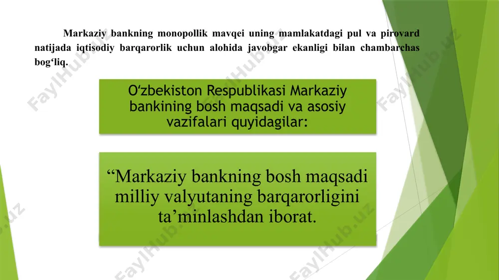 rlari majburiyat turi muddati majburiy rezerv normativlari (2018-yil 1-iyundan boshlab kuchga kiradi) yuridik shaxslarning milliy valyutadagi depozitlari 2 yildan ortiq 0 % 1 yildan 2 yilgacha 7 % boshqa majburiyatlar 14 % yuridik shaxslarning chet el valyutadagi depozitlari 2 yildan ortiq 0 % 1 yildan 2 yilgacha 8 % boshqa majburiyatlar 16 % jismoniy shaxslarning milliy valyutadagi depozitlari 2 yildan ortiq 0 % 1 yildan 2 yilgacha 2 % boshqa majburiyatlar 4 % jismoniy shaxslarning chet el valyutadagi depozitlari 2 yildan ortiq 0 % 1 yildan 2 yilgacha 3 % boshqa majburiyatlar 6 % ochiq bozordagi operatsiyalar markaziy bank tomonidan davlat obligatsiyalarini (qimmatli qogʻozlarni) tijorat banklari va aholidan sotib olish va ularga sotish boʻyicha operatsiyalardir. markaziy bank tijorat banklaridan yoki aholidan bu qimmatli qogʻozlarni sotib olar ekan, tijorat banklari zaxiralarini sotib olingan obligatsiyalar miqdori hajmida koʻpaytiradi. oʻzbekiston respublikasi markaziy bankining qayta moliyalash stavkasi amal qilgan davri foizda 2020-yil 14 aprelda– …