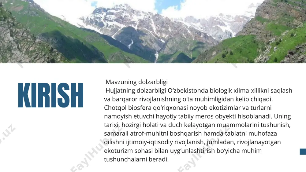 kiradi. bugungi kunda jamiyat va tabiatning o‘zaro ta’siri muam- molari tobora katta ahamiyatga ega bodmoqda va hozirgi. shuningdek, kelgusi avlodlarning faravonligi, umuman jahon sivilizatsiyasining taqdiri ekologik muammolarning ijobiy hal etilishiga ko‘proq bog‘liq bo‘lib qolmoqda. 1.3. iqlim xususiyatlari ilmiy-texnika rivojlangan bozor iqtisodiyoti sharoitida keskin o‘zgarib borayotgan atrof-muhit, ekologik muammolami keltirib chiqarmoqda, inson uni hayotiga, turmush-tarziga hamda tirik organizmlar fondi va irsiyatiga salbiy ta’sir ko‘rsatmoqda. bu esa hozir yer yuzida yashab turganlarnigina emas, balki kelgusi avlodlar salomatligiga, ayniqsa yer, suv, atmosfera havosi, yer osti boyliklari, hayvonot va o‘simliklar dunyosi, tabiat va tarixiy yodgorliklarning tabiiy holatiga ham salbiy ta’sir qilmoqda. "chotqol tabiati" ekologiya, atrof-muhitni muxofaza qilish va iqlim o‘zgarishi vazirligi chotqol davlat biosfera qo‘riqxonasi qo‘riqlash bo‘limi xodimlari tomonidan nazorat-kuzatatuv ishlarini amalga oshirish davomida kamera ob’ektiviga muxrlagan kadrlarlardan lavhalar. sayohat ekologiya, atrof-muhitni muhofaza qilish va iqlim o‘zgarishi vazirligi huzuridagi muhofaza etiladigan tabiiy hududlar departamenti chotqol davlat biosfera qo‘riqxonasiga bugun parkent tumani 8-o'rta maktabning 3 …