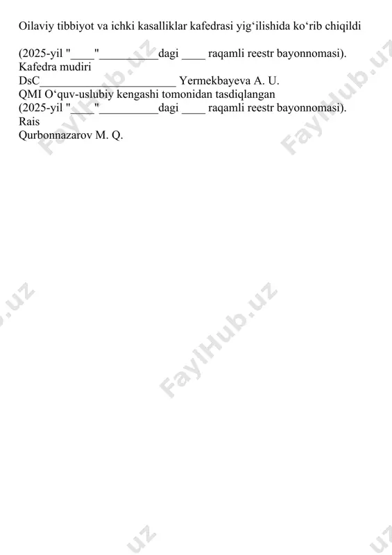 bemorga qanday savollar bermoqchisiz? -bu birinchi epizodmi? -isitmasi bormi? - oyoqlardagi shishlar? -bel og‘rig‘imi? -siydik rangi o‘zgarganmi? 2 1 0 2 ko‘zdan kechirishda nimalarga e’tibor berish kerak? -haroratni o‘lchash -teri rangini baholash -shish borligini tekshirish -buyraklarni bimanual palpatsiya qilish - pasternatskiy simptomini tekshirish 2 1 0 3 poliklinika sharoitida tekshirishni sanab bering. -umumiy siydik tahlili -nechiporenko bo‘yicha siydik tahlili -siydikning bakterial ekmasi 2 1 0 4 qaysi kasallik haqida o‘yladingiz? sistit 2 1 0 jami 8 4 0 imtihon oluvchi _____________________________ (imzo) (f.i.o.)