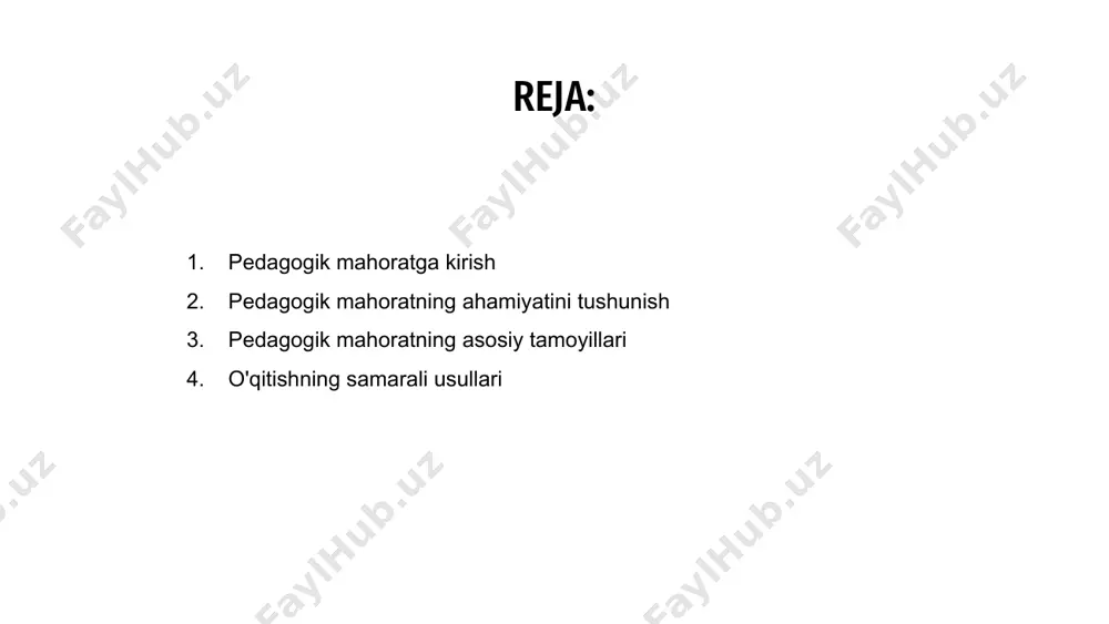 garuvchan ta'lim landshaftlariga moslashishga va o'quvchilarga o'zlarining to'liq salohiyatini ro'yobga chiqarishga imkon beradi. pedagogik mahoratning asosiy tamoyillari pedagogik mahorat o‘quv jarayonini samarali jalb qilish, rag‘batlantirish va osonlashtirish qobiliyatini o‘z ichiga oladi. asosiy tamoyillar qoʻllab-quvvatlovchi va inklyuziv taʼlim muhitini yaratish, oʻqitishning turli strategiyalaridan foydalanish va tanqidiy fikrlashni rivojlantirishni oʻz ichiga oladi. 01 samarali pedagogika o'quvchilarning individual ehtiyojlari va ta'lim uslublarini tan olish va qondirish, faol ishtirok etish va hamkorlikni rivojlantirish va takomillashtirishga yordam berish uchun konstruktiv fikr-mulohazalarni taqdim etishni o'z ichiga oladi. shuningdek, u o'z-o'zini aks ettirish va doimiy kasbiy rivojlanishga urg'u beradi. 03 pedagogik mahoratni o‘zlashtirib, ushbu tamoyillarga amal qilgan holda o‘qituvchilar o‘quvchilarning faolligini, tushunishini va muvaffaqiyatini oshirishi mumkin. oxir oqibat, maqsad o'quvchilarni doimiy rivojlanayotgan dunyoda muvaffaqiyatga erishish uchun yaxshi jihozlangan mustaqil fikrlovchi bo'lishga imkon berishdir. 02 o'qitishning samarali usullari samarali o'qitish usullari o'quvchilarni interfaol tadbirlar orqali jalb qilish, hamkorlikda o'quv muhitini rivojlantirish va o'z vaqtida fikr-mulohazalarni taqdim etishni o'z …