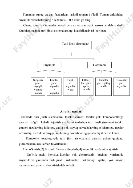 gan qattiq zarrachalarni biror suyuqlik ishtirokida ushlab qolish jarayoniga aytiladi. bu jarayon og’irlik yoki inertsiya kuchlari ta‘sirida olib boriladi va gazlarni tozalash uchun ishlatiladi. turli jinsli sistemalarni ajratishning yuqorida bayon etilgan usullari sanoatda cho’ktirish, filtrlash qurilmalari, tsiklonlar, elektrofiltrlar, tsentrifugalar, skrubberlar va shu kabi qurilmalarda olib boriladi. cho’ktirish usuli, cho’ktirish qurilmalari cho’ktirish usuli suspenziya, emulsiya va changli gazlarni ajratish uchun ishlatiladi. cho’ktirish tezligi kichik bo’lgani sababli bu usul asosan turli jinsli sistemalarni birlamchi ajratish uchun qo’llaniladi. cho’ktirish jarayoni changli gazlar, suspenziya va emulsiyalar tarkibidagi mayda qattiq zarrachalarning og’irlik kuchi ta‘sirida qurilma tubiga cho’kishiga asoslangan. cho’ktirish jarayonlari tindiruvchi qurilmalarda olib boriladi. cho’kish tezligini aniqlash uchun alohida olingan sharsimon qattiq zarrachalarning suyuqlik muhitda erkin cho’kishini tekshiramiz: cho’ktirish jarayonlari tindiruvchi qurilmalarda olib boriladi. bu jarayonda cho’kish tezligini hisoblash muhimdir. zarracha dastlab tez cho’ka boshlaydi, so’ngra og’irlik kuchi qarshilik kuchiga teng bo’lgandan so’ng o’zgarmas tezlik bilan bir xilda cho’kadi. shu o’zgarmas tezlik cho’kish tezligi deyiladi. …