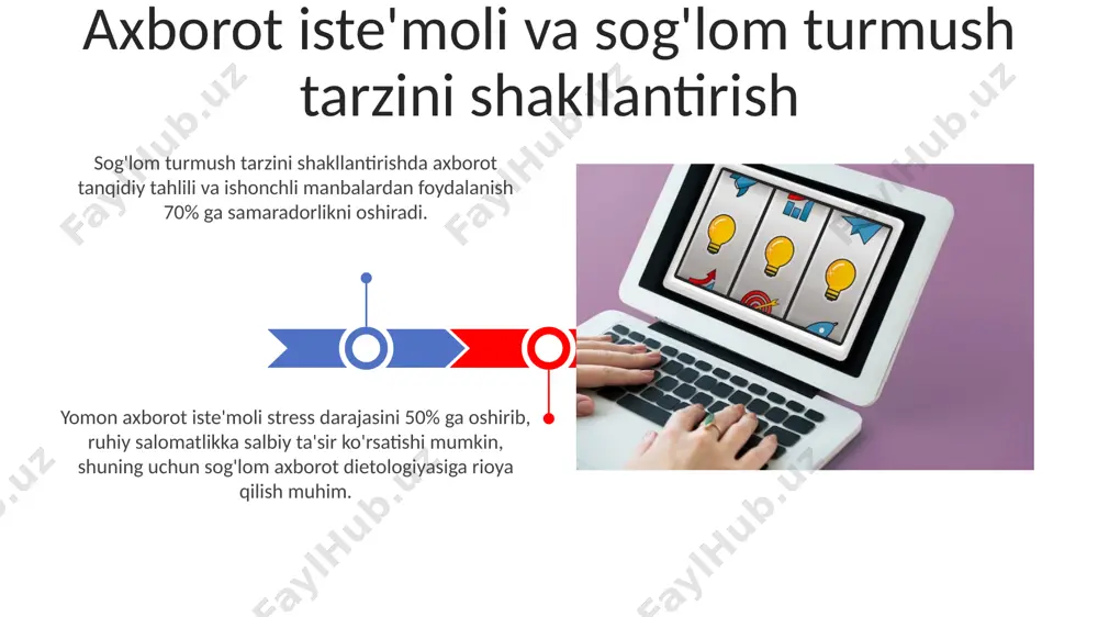 arining paydo bo'lishiga olib keladi. axborot iste'mol madaniyatining kelajagi axborot savodxonligi va axborot madaniyati axborot madaniyatining rivojlanishi jamiyatda 70% ga yaqin aholi axborot texnologiyalaridan faol foydalanishi va raqamli savodxonlik darajasining oshishi bilan bevosita bog'liq. axborot iste'moli madaniyatining muhim jihati – bu faktlarni fikrlardan, ishonchli manbalarni ishonchsiz manbalardan ajrata olish qobiliyati bo'lib, bu esa kamida 3 ta manbani solishtirishni talab qiladi. soxta yangiliklar va dezinformatsiya so'nggi 5 yilda soxta yangiliklar va dezinformatsiya bilan bog'liq jinoyatlar soni 2 baravar oshgan va bu internetdagi axborot xavfsizligi tizimlarini takomillashtirish zarurligini ko'rsatadi. soxta yangiliklar tarqalishining 60% dan ortig'i ijtimoiy tarmoqlarda, algoritmlar yordamida tezkor ravishda amalga oshiriladi va foydalanuvchilarning 30% dan ko'prog'i bunday dezinformatsiyaga duch keladi. e'tiboringiz uchun rahmat @taqdimot_robot image4.jpg image5.jpg image6.jpg image7.jpg image8.jpg image9.jpg image10.jpg image11.jpg image12.jpg image13.jpg image14.jpg image1.jpeg image2.jpeg