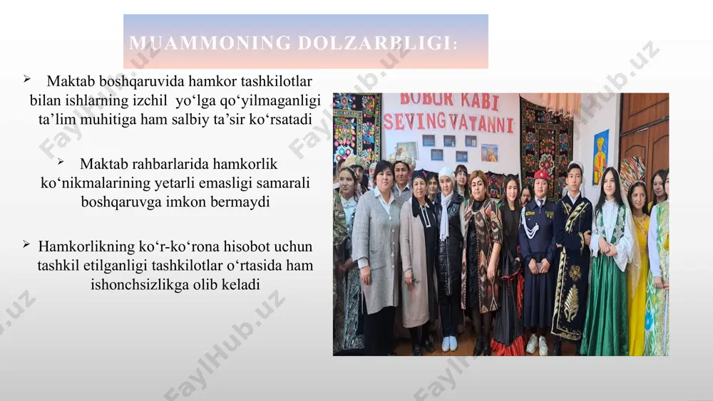 a 3 marta alohida uchrashib 15 daqiqa suhbatlashiladi “direktor, oila va hamkor tashkilot”mavzusida profilaktik suhbat tadbirlarini tashkil etish orqali ota-onalar va hamkor tashkilotlar bilan samarali, izchil hamkorlikni yo‘lga qo‘yish lozim mavzuning qiyosiy tahlil etilganligi mavzu yuzasidan umumiy xulosa ta’lim sifatini oshirish va maktab boshqaruvida ta’lim tashkilotining hamda ta’limga yordamchi tashkilotlarning samarali hamkorligini izchil yo‘lga qo‘yish zamonaviy ta’limning eng muhim shartlaridan biridir taklif maktab rahbariyati tomonidan maktab va uning ta’lim xizmatlariga qiziqishini orttiruvchi turli axborot va targ‘ibot kanallarini yo‘lga qo‘yish va bunda mahallaning rolini oshirish tegishli hududda ta’limga bo‘lgan e’tiborni targ‘ib qiladigan ma’naviy- ma’rifiy tadbirlarning hamkor tashkilotlar tomonidan ham o‘tkazilishini ta’minlash.shu jumladan o‘quvchilarning qiziqishlarini inobatga olgan holda o‘z kasbining ustalari bilan masalan : (mohir usta, hunarmand yoki tashabbuskor tadbirkorlar)lar bilan master treninglar tashkil qilish “direktor, oila va hamkor tashkilot”mavzusida profilaktik suhbat tadbirlarini tashkil etish orqali ota-onalar va hamkor tashkilotlar bilan samarali, izchil hamkorlikni yo‘lga qo‘yish 11 № muammo amalga oshirish mexanizmi …