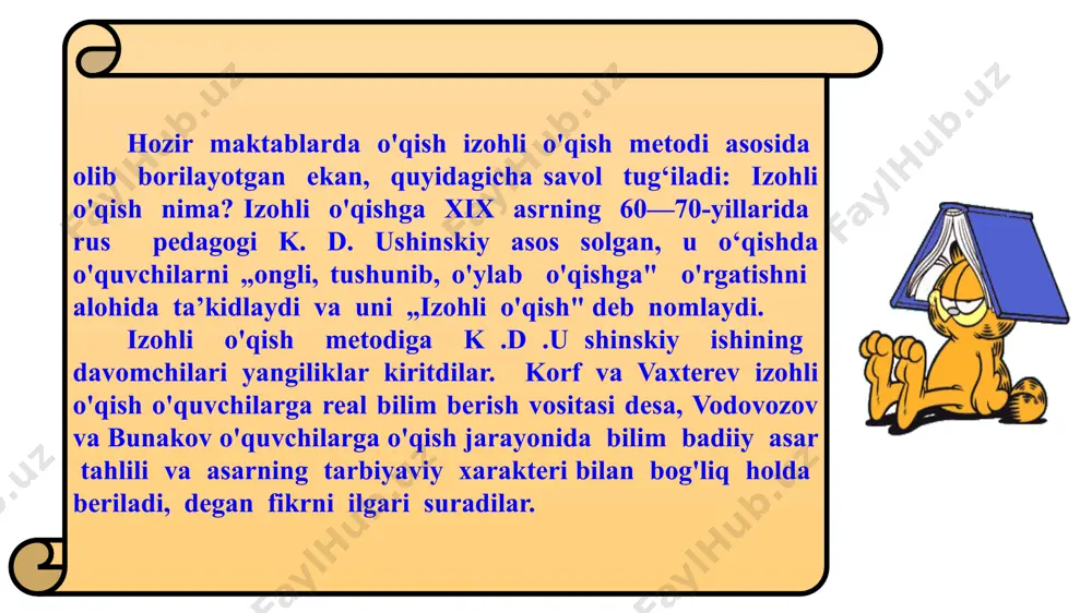 matn mazmuni va shoir g'oyaviy niyatidan kelib chiqib vatanimiz hududlaridagi aholining yashash tarzi bilan bog'liq milliy xususiyatlar haqida ham atroflicha tushuncha beriladi. 2-sinfda ,,o'tinchi yigit", 3-sinfda o'tkir hoshimovning „xazonchinak", 4-sinfda s. anorboyevning „qo'rqoq" asarlarini ham ijodiy o'qish metodi asosida o'qitish ijobiy samaralar beradi. ifodali o‘qish. boshlang'ich ta’lim tizimida mantiqiy o'qish (matnni to'g'ri, tushunib, tez (m e’yorida) o'qish) va adabiy o‘qish mukammal o'zlashtirilganidan so'ng ifodali o'qishga o'tiladi. u yod olingan she’riy asarlarni ifodali o'qishni ham o'z ichiga oladi. ifodali o'qishning muvaffaqiyati o'quvchilaming asar mazmuni, g'oyaviy-badiiy xususiyatlari haqida muayyan tushunchaga ega bo'lishi bilan bog'liq. ohang va intonatsiya she’riy asarlarni ifodali o'qishda qay dara­jada muhim bo'lsa, nasriy asarlarni o'qishda ham muhim talablardan biridir. nasriy asarlarni ifodali o'qishdan oldin unda qanday g'oya ilgari surilayotganini aniqlash zarur. masalan, 4-sinfda x.to'xtaboyevning „xatosini tushungan bola" hikoyasini ifodali o'qishdan oldin o'quvchi­larga xatosini tushungan bola kim ekanligi, lining xatosi nimalardan iborat bo'lganligi, maqtanchoqlikning illat ekanligi to'g'risida tusliuncha beriladi. ifodali …