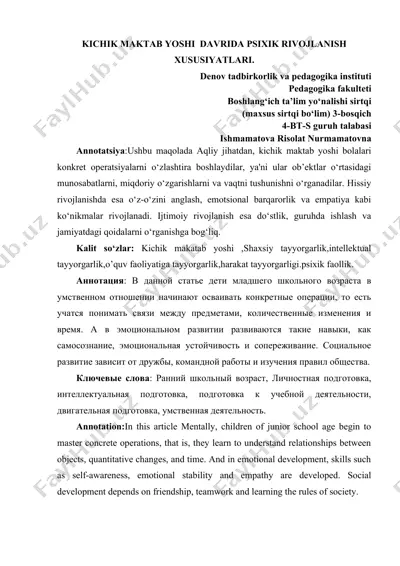 kichik maktab yoshi davrida psixik rivojlanish xususiyatlari — DOCX
