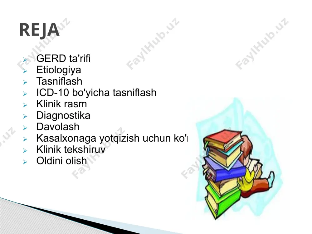 antimikrobiyal terapiya to'g'risida to'g'ri qaror qabul qilish uchun ikkita shaklni ajratish mumkin: hp bilan bog'langan; hp yo'q. a - qizilo'ngachning shilliq qavatining bir yoki bir nechta shikastlanishi, ularning har biri uzunligi 5 mm dan oshmaydi, shilliq qavatning bir burmasi bilan chegaralanadi. b - qizilo'ngach shilliq qavatining uzunligi 5 mm dan ortiq bo'lgan bir yoki bir nechta shikastlanishi, shilliq qavatning burmalari bilan chegaralangan va jarohatlar ikki burma orasiga cho'zilmaydi. c - qizilo'ngach shilliq qavatining uzunligi 5 mm dan ortiq bo'lgan bir yoki bir nechta shikastlanishi, shilliq qavatning burmalari bilan chegaralangan va jarohatlar ikki burma o'rtasida joylashgan, lekin qizilo'ngach aylanasining 75% dan kamroq qismini egallaydi. d - qizilo'ngach shilliq qavatining shikastlanishi, uning atrofini 75% yoki undan ko'proq qamrab oladi. los-anjelesdagi reflyuks ezofagitining tasnifi: gerdning asosiy belgilari : doimiy yurak yonishi. sternum orqasida yoqimsiz yonish hissi ovqatdan keyin, odam yotganda yoki oldinga egilganda paydo bo'lishi mumkin. kislotalikni kamaytiradigan yoki kislota ishlab chiqarishni bloklaydigan …