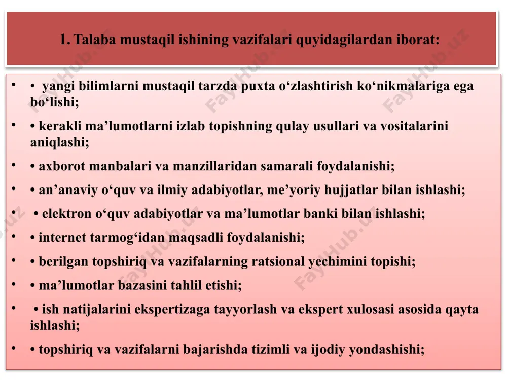 i amaliy mashg‘ulotlar bo‘lib, uni o‘tkazish metodikasi pedagogik tajriba va mahoratga bog‘liqdir. bu jarayonni tinmay o‘rganib borish o‘qituvchining o‘z kasbiga mohirligi o‘qitish texnologiyalari va ularning maqbul shakllari majmuasini egallab olganligi bilan belgilanadi. ta’lim jarayonida har bir mavzuni o‘tishda yangi pedagogik texnologiyaning qaysi uslubi ma’qul, qulay, mavzuni yoritish uchun qanday jihozlar bo‘lishi zarurligi aniqlab olinadi. mustaqil ta’limni biz shunday ta’lim vositasi deb hisoblaymiz: • didaktik tizimga mos keladi; • o‘qituvchining bilimdan bilimgacha bo‘lgan harakatining har bir bosqichida bilim vazifalarining muayyan auditoriyani hal qilish uchun zarur bilim, ko‘nikma va malakalar hajmi va darajasini shakllantiradi va shunga mos ravishda aqliy faoliyatning past darajasidan yuqori darajalariga o‘tadi; • talabalarning bilim mustaqilligi va faoliyatiga psixologik munosabatni rivojlantiradi; • talabalarning o‘zlari tomonidan amalga oshiriladi, • o‘quv jarayonida individual yondashuvni amalga oshirish imkonini beradi. o‘quv jarayonida mustaqil ta’lim faoliyatini faollashtirish vositasi quyidagi vazifalarni bajaradi: 1. mustaqil ta’lim ijodiy bilimlarni ongli o‘zlashtirish, chuqurlashtirish va kengaytirish uchun yordam beradi; …