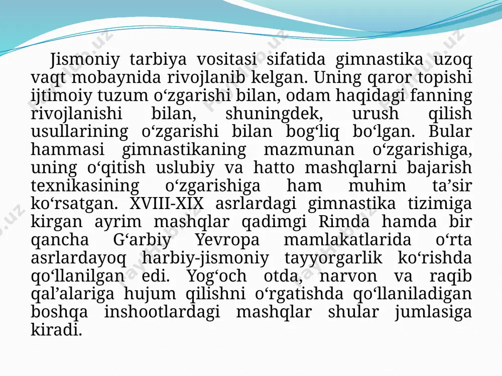 ishgan. 1996-yilgi olimpiada о‘yinlarida o.chusovitina, a.dzyundzyak, i.valiyevlar gimnastika kо‘pkurashida kuchlilar 10 ligi qatoridan о‘rin olishdi. 1993 yilda о‘zbekistonda sport gimnastikasi federatsiyasi tashkil topib, uni xalqaro gimnastika federatsiyasi (fig) о‘z tarkibiga qabul qildi. 1994 yilda xirosimada о‘tkazilgan osiyo о‘yinlarida o.chusovitina tayanib sakrash va qо‘shpoyalarda 2 ta bronza medalim qо‘lga kiritdi. image2.jpeg image3.png image4.jpeg image5.jpeg image6.jpeg image7.jpeg image8.jpeg /docprops/thumbnail.jpeg