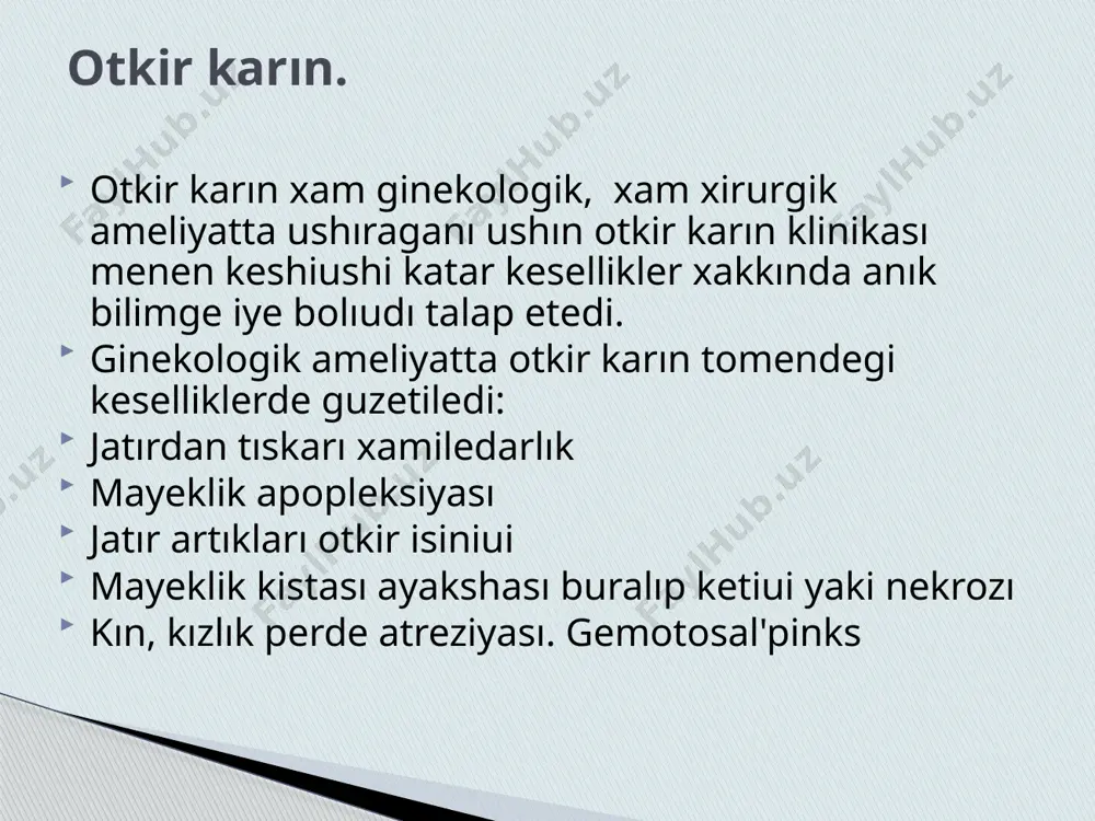 kesellikleri menen tez tez kesellengen boladı, mayeklikler tarauında kista anıklanganlıgı yaki onın olshemlerinin ulkeygenligi anıklangan bolıuı mumkin. kın arkalı teksergende bir tarepleme ospe siyaklı duzilme anıklanadı, ol aurıulı, terenlesken, xareketi sheklengen boladı, ospe lokalizaciyası tarauında gumbezler jalpaygan xam aurıulı boladı. duzilme adette domalak formada juzesi tegis, tıgız elastik konsistenciyasında bolıp, kobinese jatırdın arkasında yaki kaptal tarauında xam on tarepte ( dermoid kista) jaylasadı. mayeklik kistaları ayakshaları buralıp kalıuının sebepleri tolık uyrenilmegen. bunda tomendengi faktorlar axamiyetke iye : kista ayakshaları venalarda kan basımı xam kistanın ozinde basımnın asıuı, denenin keskin aylanıuı, isheklerdin keskin perestatikası, sidik kabının xadden zıyad tolık bolıuı, kistanın kishi shanak boslıgınan karın boslıgına otiui, kista ayakshalarının uzın bolıuı. buralıu payda bolıuı ushın kistoz duzilme uzın ayakshalı bolıuınan tıskarı, jeterli xareketshenlikkede iye bolıuı kerek. kobinese ortasha olshemli xam dermoid kistalar buralıuga beyim boladı. jatırdan tıskarı xamiledarlık ok klinikasi nay xamiledarlıgı toktaganda juz beredi. naukas karnındagı keskin otkir aurıuga, onın …