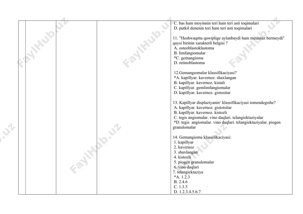 adi? а. hemangioma face b. hemangioma femine *c. hemangioma infantıle d. hemangioma girls 18. kapıllyar gemangiomalar qanday boladi? a. keneyip ketpeytugin "klubok" tamirlar. adette ol deformatsiyalanatugin muskullerde jaylasqan b. teri juzesinen ko'terilip turmaytugin. aniq shegarali . tegis emes formadagi toygin qizil daq c. tamirli "juldizlar"orayinda aniq tamirlar. terige perpendikulyar jayilgan. onnan jinishke tamirlar nur siyaqli har tarepke radial tarqaladi *d. ashiq -malina renli daqlar. shegaralari aniq. derlik teri juzesinen ko'terilip turmaydi 19. "infantil gemangiomasinin" xarakterli klinik ko'rinisi ? 1. aniq tsiklli rawajlaniwi: tez o'siw fazasi → o'siwdin astelesiwi ham toqtawi → bir neshe jillar dawaminda basqishpa-basqish involyutsiyasi 2. kobirek juzde lokalizatsiyalanadi 3. tuwiliw waqtinda kishi tamir belgilerinin bar ekenligi 4 .juz ham denede qan tamir payda boliwiniń bar ekenligi 5. tuwiliw waqtinda kishi tamir belgilerinin bar ekenligi *a. 1.2.3.4 b. 1.2.3.5 c. 2.3.4.5 d. 1.3.4.5 20. "infantıl gemangioma" rawajlaniwinin sebebi? *a. hamile gipoksiyasi b. b vitaminleri jetispewshiligi c. mg minerallarinin …
