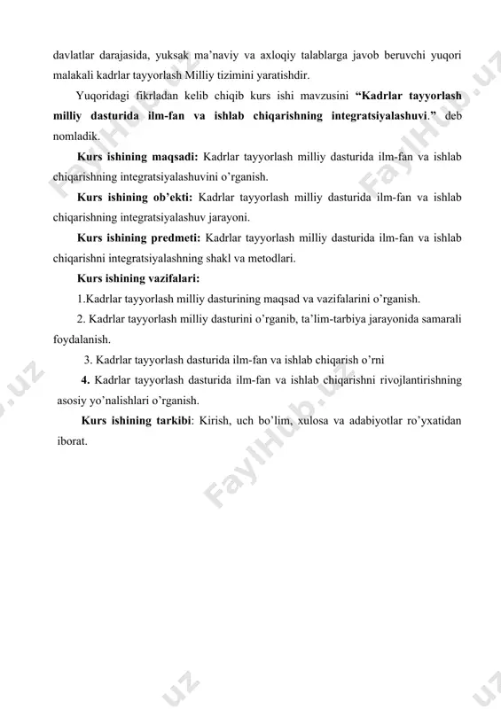 n mafkuraviy qarashlar va sarqitlardan to’la xalos etish, rivojlangan demokratik davlatlar darajasida, yuksak ma’naviy va axloqiy talablarga javob beruvchi yuqori malakali kadrlar tayyorlash milliy tizimini yaratishdir. ushbu maqsadni ro’yobga chiqarish quyidagi vazifalar hal etilishini nazarda tutadi: «ta’lim to’g’risida»gi o’zbekiston respublikasi qonuniga muvofiq ta’lim tizimini isloh qilish, davlat va nodavlat ta’lim muassasalari hamda ta’lim va kadrlar tayyorlash sohasida raqobat muhitini shakllantirish negizida ta’lim tizimini yagona o’quv-ilmiy-ishlab chiqarish majmui sifatida izchil rivojlantirishni ta’minlash; ta’lim va kadrlar tayyorlash tizimini jamiyatda amalga oshirilayotgan yangilanish, rivojlangan demokratik huquqiy davlat qurilishi jarayonlariga moslash; kadrlar tayyorlash tizimi muassasalarini yuqori malakali mutaxassislar bilan ta’minlash, pedagogik faoliyatning nufuzi va ijtimoiy maqomini ko’tarish; kadrlar tayyorlash tizimi va mazmunini mamlakatning ijtimoiy va iqtisodiy taraqqiyoti istiqbollaridan, jamiyat ehtiyojlaridan, fan, madaniyat, texnika va texnologiyaning zamonaviy yutuqlaridan kelib chiqqan holda qayta qurish; ta’lim oluvchilarni ma’naviy-axloqiy tarbiyalashning va ma’rifiy ishlarning samarali shakllari hamda uslublarini ishlab chiqish va joriy etish; ta’lim va kadrlar tayyorlash, ta’lim muassasalarini …