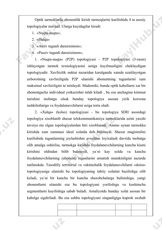 622 mbit/s tugri okimda va 155 mbit/s teskari okimda (assimetrik rejimda) tezliklarini ta`minlaydi. shu bilan birga bitta tolada abonent tugunlarining maksimal soni 32 tagacha bo`lishi mumkin. 1-jadval. pon texnologiyasi turlari nomlanishi standart (tavsiyalar) apon (atmpon) itu-t g.983.x tavsiyalari bpon(broadbandpon) itu-t g.983.x tavsiyalari epon(ethernetpon) iee 802.3ah/ieee 802.3av standart gpon(gigabitpon) itu-t g.984.x tavsiyalari b-pon (broadband pon) - keng polasali xizmatlar bilan birga ethernet ulanish, analog va rakamli videolarni translyatsiya kilishni amalga oshiradi. a-pon ni takomillashtirilgan keng polasali xizmatlari uchun muljallangan variantidir bu yerda uzatish va teskari okim tezliklari simmetrik rejimda 622 mbit/s gacha yoki 1244mbit/s va 622 mbit/s assimetrik rejimda yetkazilgan. e-pon- bunday tarmok texnologiyasi ip protokoli asosida bitta tolada abonent tugunlarining soni 16 (yoki 32) ma`lumot uzatish tezligi tugri va teskari okimda1 gbit/s bulishi kuzda tutilgan. ethernet formatida kadrlarni optik trakt orkali uzatishga asoslangan. adibiyotlardagi tezligidan kelib chikkan xolda yana gepon (gegabit ethernet pon) deb xam atashadi, bu texnologiya xam ieee802.3ah …