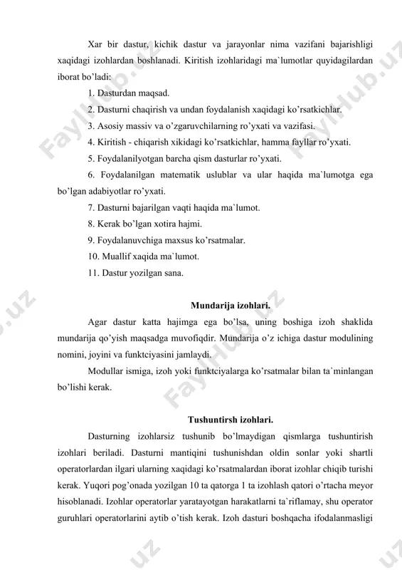 tekshirishimizda va sozlashimizda katta yordam beradi. chunki tartib belgi yoki sonlar bizga katta dasturda kerakli qatorlarni aniqlashimizda yordam beradi. tenglashtirilgan va ketma - ketligi belgilangan dasturlar chiroyli va o’qishga qulay bo’ladi. o’zgaruvchilarga nom tanlash. o’zgaruvchilarni nomini shunday tanlash kerakki, bu qismda o’zgaruvchilarni kattaliklari yaqqol bilinib turishi kerak. dasturni o’qishi oson kechishi uchun isimni to’g’ri tanlashga ham bog’liq bo’ladi. butun o’zgaruvchilarning nomi i, g, k, l, m, n harflaridan boshlanadi. o’zgaruvchilar quyidagi turlarda bo’linadi: butun (tceloe), xaqiqiy (deystvitelnoe), kompleksli, belgili (simvolpnoe). fayllar nomi. fayllar bilan ishlayotgan vaqtda ularni solishtirish uchun qandaydir perefiks yoki suffiks tanlanadi. agar har bir fayl o’zining perfiksiga ega bo’lsa, dasturni o’qish oson bo’ladi. bu perfiks dasturni yozishda mos keluvchi maydonni aniqlab beradi va qaysi ishchi kimlar bilan maydonlar mantiqan bog’langanligini aniqlab beradi. dasturlarni har xil dasturdagi bir xil fayllarga bir xil nom berilishlari, shu dasturlarni o’zaro solishtirish jarayonlarini osonlashtiradi. standart qisqartirishlar. (abrevyatura) dasturni ishlab chiqishda standart qisqartirishlarni …