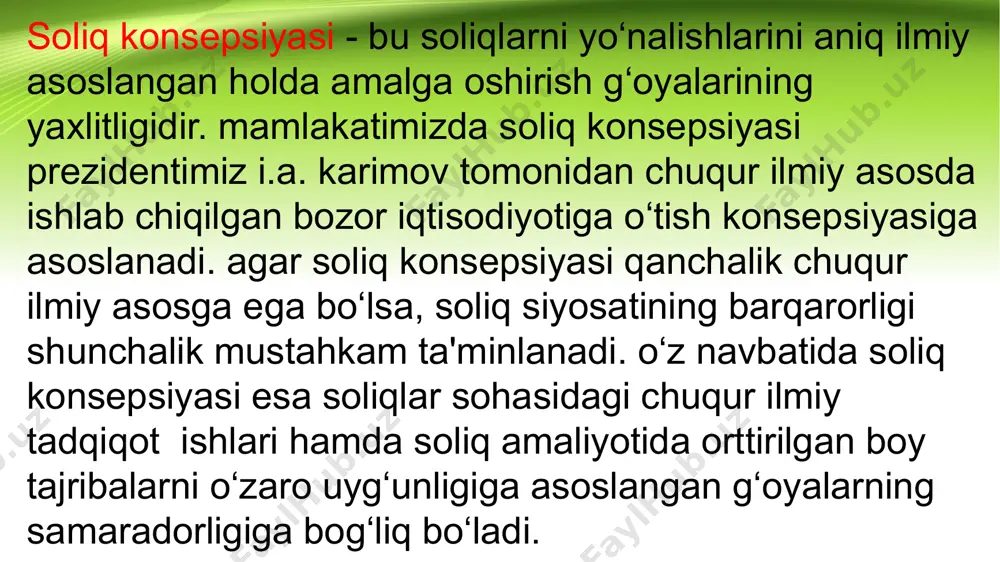 chi guruh qat'iy, ya'ni egallagan maydoni yoki mavjud jihozlar sonidan kelib chiqqan holda soliq to‘laydilar. adabiyotlar: 1.o‘zbekiston respublikasi konstitutsiyasi. - t.: «adolat» , 1992.- 32 bet. 2.o‘zbekiston respublikasining soliq kodeksi.-t.: o‘zbekiston respublikasi qonun hujjatlari to‘plami.2007 yil dekabr 52 (1) soni.219-b. 3.o‘zbekiston respublikasining «davlat soliq xizmati to‘g‘risida» gi qonuni. -t.: «xalq so‘zi» , 1997 yil, 29 avgust. 4.karimov i.a. ozod va obod vatan, erkin va farovon hayot - pirovard maqsadimiz. - t.: «o‘zbekiston» , 2000. 8-tom, 528 bet. 5.www.ziyonet.uz image1.jpeg image2.jpeg /docprops/thumbnail.jpeg