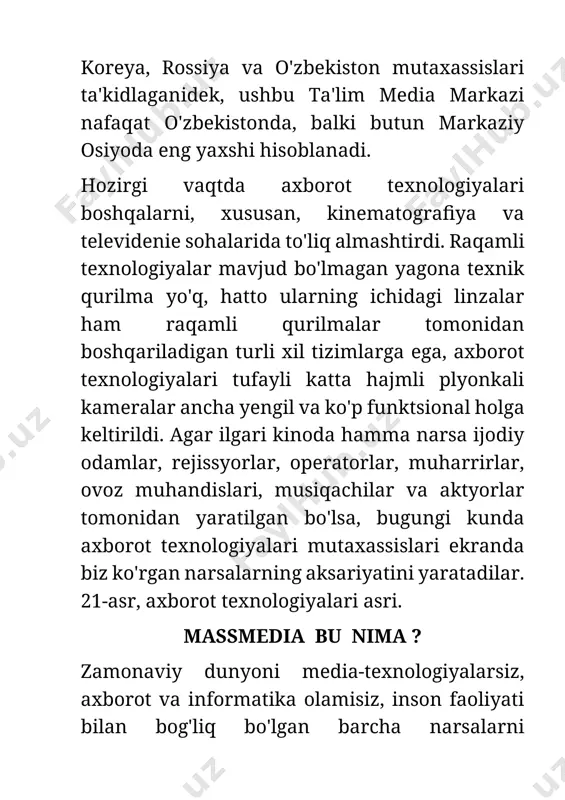 g - ovozli, animatsion kompyuter grafikalarini, videolarini taqdim etishni ta'minlaydigan interfaol tizimdir.masalan, bitta ob'ekt matn, audio, grafika va video ma'lumotlarini o'z ichiga olishi mumkin, shuningdek, u bilan interfaol ta'sir o'tkazish usuli ham bo'lishi mumkin. media texnologiyalari faoliyat vositalaridan biri, aloqa vositalaridan biridir. media texnologiyalari bu axborot bilan ishlash texnologiyasidir. media texnologiyalarining ob'ekti - bu axborot. muayyan shaxs, ma'lum bir ijtimoiy guruh yoki umuman jamiyat media-texnologiyalar sub'ekti sifatida harakat qilishi mumkin. multimediya sub'ektlari tarkibiga quyidagilar kiradi: ishlab chiqaruvchilar, multimediya mahsulotlarini nashr etuvchilar, distribyutorlar (distribyutorlar, dilerlar, provayderlar va boshqalar), onlayn multimedia mahsulotlaridan foydalanuvchilar, internet-manbalar. faoliyatning o'ziga xos shakli sifatida media texnologiyalarining maqsadi ob'ekt, hodisa, jarayonning axborot modelini yaratishdir. media texnologiyalari faoliyati - zamonaviy texnik va muhandislik faoliyatining bir yo'nalishi bo'lib, media-texnologiyalar tizimlarini ishlab chiqish, loyihalash va ulardan foydalanish va ularni yo'q qilishni o'z ichiga oladi. media texnologiyalari faoliyati barcha texnik tizimlar uchun standart algoritmdir (texnik shartlarni tayyorlash, dizayn loyihasini ishlab chiqish, ishlab …