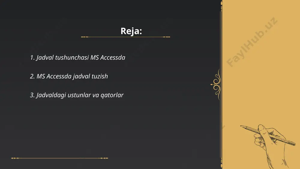 gacha qator mavjud. ustunlar harflar bilan belgilangan (a, b, c...), qatorlar esa raqamlar bilan (1, 2, 3...). hujayra a1 ustun a va qator 1 kesishgan joyda joylashgan. jadvalda ustunlar asosan ma'lumot turlarini, qatorlar esa aniq yozuvlarni ifodalaydi. ... t.me/slaydai_bot 4. ms accessda ma'lumotlar turlari ms accessda ma'lumotlar turlari quyidagi asosiy turlarga bo'linadi: matn (text) - 255 belgigacha bo'lgan matnlarni saqlaydi; memo - uzunroq matnlar uchun, 65,536 belgigacha; son (number) - raqamli qiymatlar uchun, integer, long integer, va double kabi turlar mavjud; sana/vaqt (date/time) - sana va vaqt ma'lumotlarini saqlaydi; valyuta (currency) - moliyaviy qiymatlar uchun; avtoraqam (autonumber) - noyob raqamlarni avtomatik generatsiya qiladi; obyekt (ole object) - rasmlar va boshqa obyektlarni saqlaydi; giperhavola (hyperlink) - veb-saytlar manzillarini saqlaydi; belgini tanlash (yes/no) - mantiqiy qiymatlar. bu turdagi ma'lumotlar ma'lumotlar bazalarining tuzilishini aniqlashda muhim rol o'ynaydi. ... t.me/slaydai_bot jadvalga ma'lumot qo'shish jarayoni odatda quyidagi bosqichlardan iborat bo'ladi: birinchidan, jadval tuzilishi aniqlanadi, ya'ni …