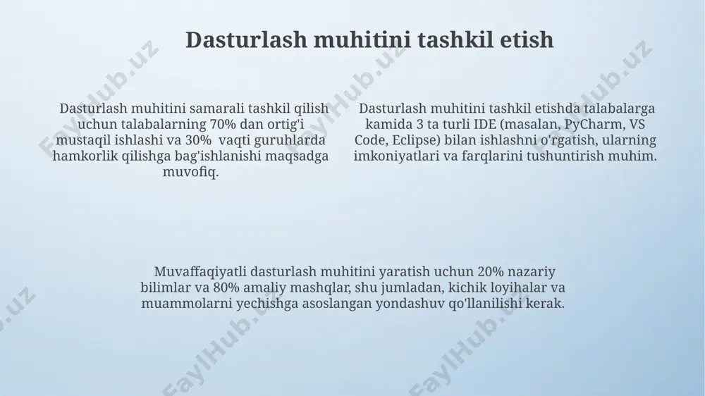 i intellij idea, 10 dan ortiq qo'shimcha vositalarni qo'llab-quvvatlab, talabalarning kodlash samaradorligini 20% ga oshirishi mumkin. onlayn hamkorlik vositalari, masalan, github yoki gitlab, 30 dan ortiq talaba guruhini birlashtirib, loyihalar ustida hamkorlik qilish va versiyalarni boshqarish imkoniyatini beradi. o'qitish uslublari va strategiyalari o'quv jarayonida "juftlik dasturlash" (pair programming) va "guruhlar bilan ishlash" (group work) kabi hamkorlik uslublarini qo'llash, o'quvchilarning muammolarni hal qilish ko'nikmalarini va jamoaviy ishlash malakalarini rivojlantirishga yordam beradi. o'qitishda vizual vositalar (diagramma, flowchartlar), interfaol o'yinlar va simulyatsiyalarni qo'llash, murakkab tushunchalarni oson va qiziqarli tarzda tushunish imkonini beradi, natijada o'zlashtirish darajasi 30% ga oshadi. dasturlash tillarini o'qitishda 3 ta asosiy yondashuv mavjud: amaliyotga yo'naltirilgan (70% amaliy mashqlar), nazariyaga yo'naltirilgan (20% nazariya) va aralash (10% mustaqil loyihalar). bu yondashuvlar o'quvchilarning turli o'rganish uslublarini hisobga oladi. interfaol o'qitish usullari dasturlash tillarini o'rgatishda 3 bosqichli (nazariya, amaliyot, loyiha) yondashuv samarali bo'lib, 70% amaliy mashg'ulotlarni o'z ichiga oladi va talabalarning mustaqil dasturlash ko'nikmalarini …
