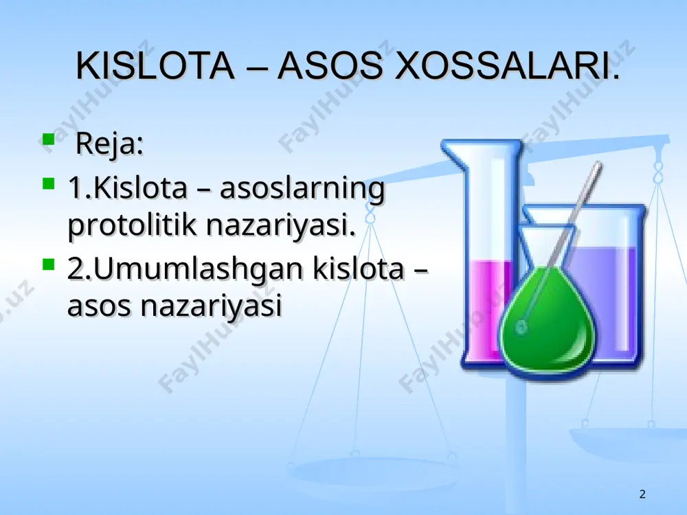 i reaksiyada suv asos rolini, ikkinchi reaksiyada esa kislota rolini bajaradi. ham kislota ham asos xossalariga ega bo’lgan erituvchilarga amfiprot erituvchilar deyiladi. * erigan kislota yoki asosning erituvchi bilan o’zaro tasir darajasi erituvchining proton berish yoki olish qobilyatiga bog’liq. masalan, hcio4, hci, hbr singari kislotalar suvli eritmalarda juda kuchli hisoblanasa, protonlarning kuchsiz akseptori bo’lgan muz sirka kislota erituvchi sifatida olinsa, faqat perxlorat kislota kuchli bo’ladi xolos. hci, hbr kislotalari muz sirka kislotada juda kuchsiz bo’ladi. proton qabul qilib olishiga ko’ra proton chiqarish xususiyati kuchliroq erituvchilarga protogen erituvchilar deyiladi. bunday erituvchilarda kislotoning dissotsalanishi qiyinlashadi, asoslarning dissotsalanishi esa osonlashadi: (ch3)3n + ch3cooh = (ch3)3nh+ + ch3coo- * kislotaning dissotsiatsiyasi uning protoniga erituvchining moyilligidan vujudga keladi. bu moyillik qanchalik katta bo’lsa, kislotaning dissotsalanishi shuncha oson bo’ladi. protonga moyillik ustunlik qiladigan erituvchilarga protofil erituvchilar deyiladi. protofil erituvchida (masalan, suyuq ammiakda) kuchsiz hisoblangan hcn kislota ham kuchli bo’ladi. hcn +nh3 = nh4+ + cn- * …
