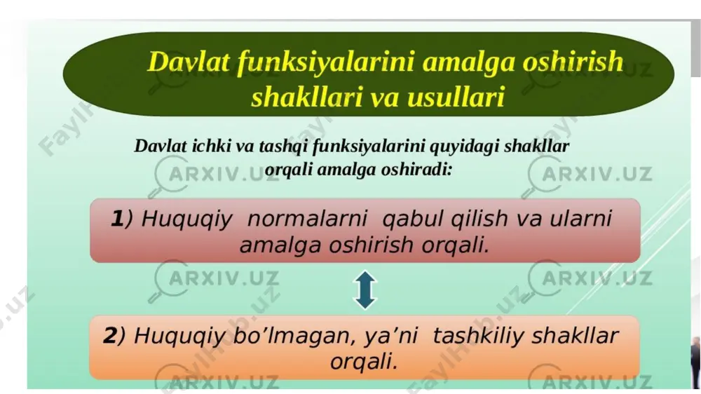 shiriladi. bu davlat boshqaruvining qonuniyligi va adolatli ekanligini ta’minlashga xizmat qiladi. davlat funksiyalari — bu davlatning ijtimoiy hayot sohalarida amalga oshiradigan asosiy vazifalari va faoliyat yo‘nalishlaridir. davlat funksiyalari turli vazifalarni bajarishga qaratilgan bo‘lib, ular davlatning mohiyatini va maqsadlarini aks ettiradi. quyida davlat funksiyalari va ularning ishlatilishi haqida qisqacha tushuncha beriladi: 1. ichki funksiyalar bu davlatning mamlakat ichidagi faoliyatini tashkil etuvchi vazifalardir. ular quyidagilarni o‘z ichiga oladi: huquqni muhofaza qilish funksiyasi: huquqiy tartibni saqlash, qonuniylikni ta’minlash va jinoyatchilikka qarshi kurash. bu maqsadda sud tizimi, politsiya va boshqa huquqni muhofaza qiluvchi organlar ishlatiladi. iqtisodiy funksiyalar: davlat iqtisodiyotni boshqarish, tartibga solish va rivojlantirish bilan shug‘ullanadi. bu soliqlarni yig‘ish, byudjetni taqsimlash va iqtisodiy siyosat yuritishda namoyon bo‘ladi. ijtimoiy himoya funksiyasi: fuqarolarni ijtimoiy himoya qilish, sog‘liqni saqlash, ta’lim va madaniyat sohalarida xizmatlar ko‘rsatish. ekologik funksiyalar: atrof-muhitni muhofaza qilish, tabiiy resurslardan oqilona foydalanishni ta'minlash. davlatning funksiyalari konstitutsiyadan kelib chiqib, huquqiy va siyosiy asoslarda tartibga solinadi. bu …