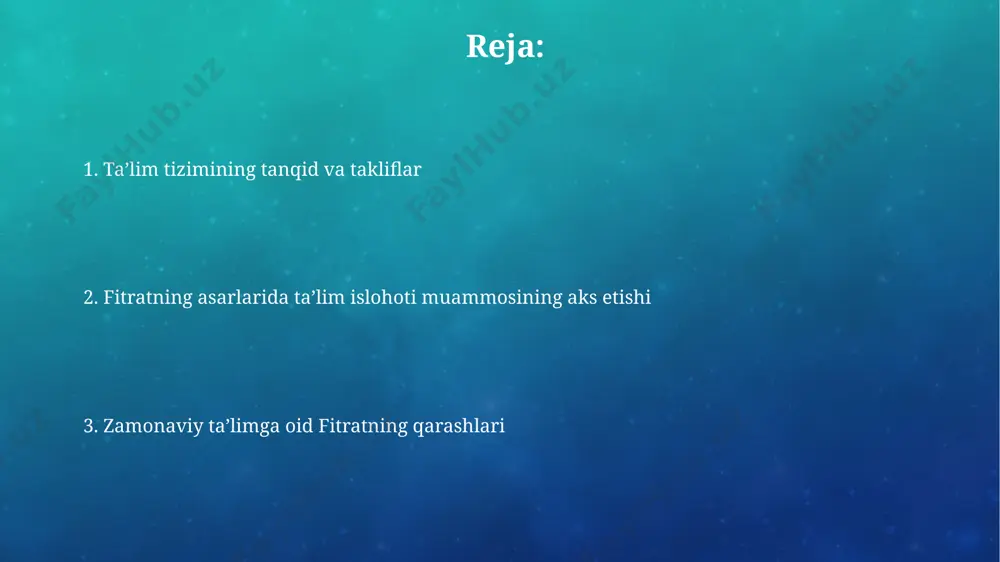 g asarlarida 10 dan ortiq maktab tizimi, jumladan, qishloq va shahar maktablari uchun aniq takliflar va dasturlar bayon etilgan, toshkentdagi tajribalarga asoslanib. fitrat, turkistonning 5 ta viloyatida ta'lim islohotlarining zarurligini ta'kidlab, yangi usullar, masalan, faol o'qitish metodlarini qo'llashni taklif qilgan. xulosa va takliflar xulosa va takliflar bo'limida, fitrat 5 yillik reja doirasida 200 ta yangi maktab ochish zarurligini va 1000 dan ortiq o'qituvchini tayyorlash lozimligini ta'kidlagan. fitratning asarlarida qayd etilgan, 1920-yillardagi o'quv dasturlariga kiritilishi kerak bo'lgan 7 ta yangi fan va ularning o'quv soatlariga oid aniq takliflar keltirilgan. fitratning ta'lim islohoti bo'yicha takliflari fitrat samarqanddagi o'zbek maktablari uchun 1920-yillarda yangi o'quv dasturlarini, zamonaviy usullarni va 3 bosqichli ta'lim tizimini taklif qilgan. fitrat buxoro va xivada ham o'zining ta'lim islohoti g'oyalarini targ'ib qilib, 100 dan ortiq maktab ochish va o'qituvchilarni tayyorlash bo'yicha dasturlarni ishlab chiqqan. fitrat g'oyalarining bugungi kun dolzarbligi fitratning milliy qadriyatlarni ta’limga singdirishga oid fikrlari, jumladan, 30 dan ziyod …