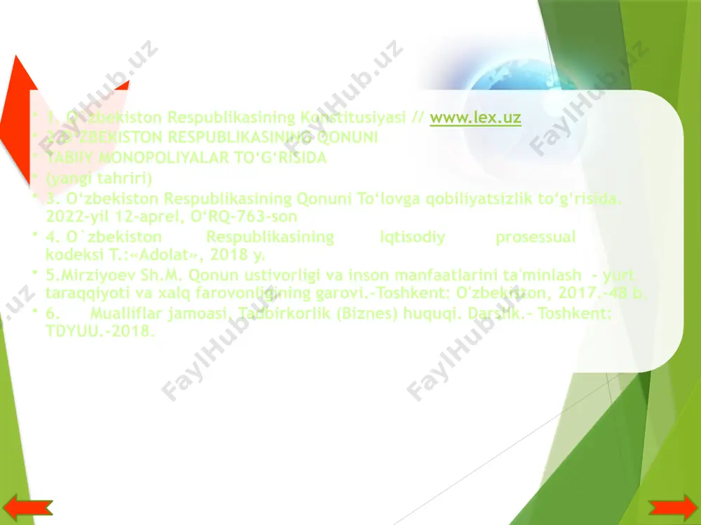 tsiya qilinayotgan) tovarlar sifatining iste’molchilar talabiga muvofiqligi; davlat dotatsiyalari va davlat yordamining boshqa chora-tadbirlari. muayyan tabiiy monopoliya subyektining faoliyatini tartibga solish usullarini qo‘llash to‘g‘risida qaror qabul qilayotganda tabiiy monopoliya subyektlari faoliyatini tartibga soluvchi organ tabiiy monopoliya subyekti tovarlarining iste’molchilari taqdim etgan axborotni ham ko‘rib chiqadi. tabiiy monopoliya subyektlari tovarlariga taalluqli narxlar (tariflar) loyihalari vakolatli organ tomonidan iste’molchi mahsuloti narxlariga ularning ta’siri hisobga olingan holda bir oy muddat ichida ko‘rib chiqiladi. vakolatli organning narxlar (tariflar) bo‘yicha qarori tabiiy monopoliya subyektlari tomonidan ular kuchga kirishidan kamida o‘n besh kun avval ommaviy axborot vositalarida e’lon qilinadi. tabiiy monopoliya subyektlari tomonidan xizmat ko‘rsatilishi shart bo‘lgan iste’molchilarni aniqlash o‘zbekiston respublikasi vazirlar mahkamasi tomonidan amalga oshiriladi. tabiiy monopoliya subyektlari faoliyati ustidan davlat nazorati monopoliyaga qarshi davlat organi tomonidan amalga oshiriladi. monopoliyaga qarshi davlat organi: iste’molchilarga realizatsiya qilinadigan tovarlarning hajmlari bo‘yicha shartnomalarga rioya etilishi ustidan; tovarlar narxini belgilash hamda narxlarni (tariflarni) qo‘llash tartibiga rioya etilishi ustidan; tabiiy …