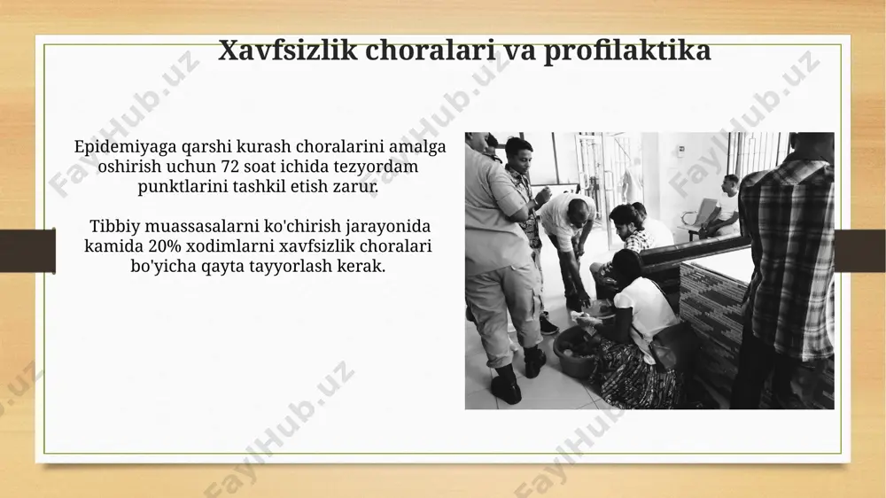 vaziyatlarda tibbiy yordam ko'rsatish tizimi 100 dan ortiq ixtisoslashgan tibbiyot brigadalarini, shuningdek, 5000 dan ziyod tibbiyot xodimlarini o'z ichiga oladi. favqulodda vaziyatlarda aholini evakuatsiya qilish jarayonida 3 bosqichli triage tizimi qo'llaniladi, bu esa bemorlarning og'irlik darajasini aniqlashga imkon beradi. aholining sog'lig'ini saqlashga oid davlat siyosati davlat dasturlari doirasida aholiga tibbiy xizmat ko'rsatish uchun 5 yil ichida 200 dan ortiq yangi tibbiyot muassasalarini qurish va rekonstruksiya qilish rejalashtirilgan. sog'liqni saqlash tizimini modernizatsiya qilish doirasida, 15% ga yaqin tibbiyot xodimlari malakasini oshirish va qayta tayyorlash bo'yicha o'qitish dasturlari amalga oshiriladi. moliyalashtirish va resurslarni taqsimlash tibbiy muassasalarni ko'chirish uchun 15 mln aqsh dollari miqdoridagi mablag' ajratildi, bu summa infratuzilmani yaratish va tibbiyot asbob-uskunalarini xarid qilishga yo'naltiriladi. moliyalashtirishda hukumat 30% byudjet mablag'larini, xalqaro tashkilotlar 25% grantlarni va xususiy sektor 45% investitsiyalarni ajratishi rejalashtirilgan. e'tiboringiz uchun rahmat @taqdimot_robot image7.jpg image8.jpg image9.jpg image10.jpg image11.jpg image12.jpg image13.jpg image14.jpg image15.jpg image16.jpg image17.jpg image18.jpg image19.jpg image20.jpg image21.jpg image22.jpg image23.jpg …
