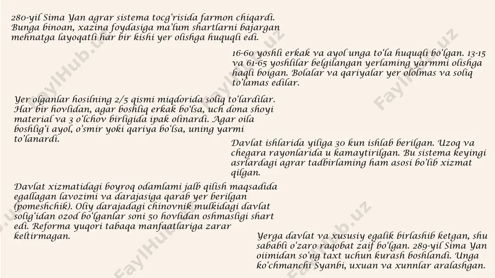 n szyan davrida hisobga kirmay qolgan 1,5 million dehqon aniqlandi. rasmiy jihatdan chek yer qisqartirildi, don solig‘i oshdi, barshchinasi 10 kunga yetkazildi. mehnat majburiyatlari oshdi. yan guan davrida davlat barshchinasi cheklanmagan edi. loyan shahri qurilishiga 2 mln buyuk kanal va buyuk devor uchun 1 mln, koreyaga ytirishga 1 mln kishi jalb etilgan 624-yilgi ediktga binoan, mehnatga layoqatli erkak oilaniki bo’lgan hom‘-rog‘li yer hamda 80 mu haydalanadigan yerga egalik huquqiga ega bo’lgan . chek yer tuproq holati va rayonlarga qarab o‘z;garardi. bog‘ yerlariga mevali va tut daraxti ekish majburiy, uni sotish mumkin edi, ayrim istisnolardan tashqari, haydaladigan yemi sotishga ruxsat berilmagan tan hukmdorlari fuqarolarning detallashtirgan hisobini olganlar, nlai mug birortasi ham soliqdan qochib qutula olmasdi. aholi 5 daraja bo‘yicha hisobga olingan: 1.tug‘ilgandan - 4 yoshgacha 2. 4-16 yoshgacha 3. 16-21 oshgacha 4. 21-60 oshgacha 5. 60 yoshdan yuqori shu bilan birga xazina ba’zi bir imtiyozlarni berishga majbur bo'lgan, agar xo‘jalikda 4 …