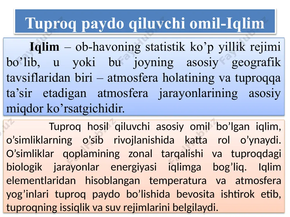 ikroorganizmlarning asosiy massasi tuproqning o’simliklar ildizi va tuproq mezofaunalari ko’p bo’lgan yuqori – 20 sm li qatlamida to’plangan. tuproqning haydalma qatlamida zamburug’ va bakteriyalarning biomassasi 5 t/ga yetarli bo’lib, bakteriyalar 1 g tuproqda milliardga yetadi, zamburug’ giflarining uzunligi 1 ga yerda 1000 m ni tashkil etadi . tuproq paydo qiluvchi omil-ona jinslar. tuproq paydo qiluvchi omillardan biri ona jinslardir. ana shu jinslarning moddiy tarkibi tuproqlarning mexanik va mineral tarkibiga, uning fizikaviy va fizik-mexanik xossalariga, suv-havo, issiqlik va oziq rejimlari hamda shular orqali unumdorligiga katta ta’sir etadi. tuproqning xossalari bilan ona jinslarning xossalari orasidagi o’zaro bog’liqlik ayniqsa tuproq paydo bo’lishining dastlabki davrida yaqqol ko’rinadi. tuproq paydo qiluvchi jinslarning tarkibi va xossalariga ko’ra o’simliklarning o’sishi uchun turlicha shart-sharoit yaratiladi, tuproqdagi moddalarning o’zgarishi va aralashib ketishi kabi jarayonlarning tezlashuvi yoki sekinlashuvi ro’y beradi. shuning uchun ham ba’zan muayyan bir maydondagi joyda tarqalgan va bir xil o’simlik qoplami bo’lgan ammo ikki xildagi ona jinslar …