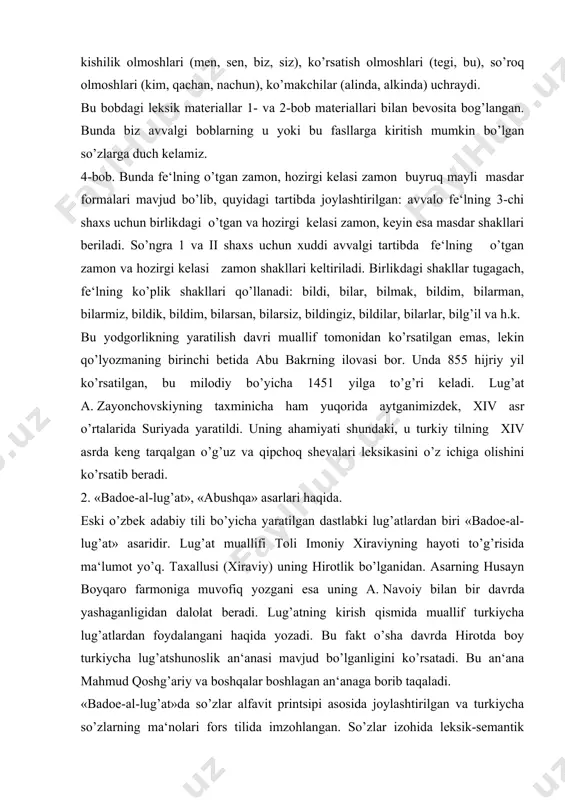 al-lug’at» asaridir. lug’at muallifi toli imoniy xiraviyning hayoti to’g’risida ma‘lumot yo’q. taxallusi (xiraviy) uning hirotlik bo’lganidan. asarning husayn boyqaro farmoniga muvofiq yozgani esa uning a. navoiy bilan bir davrda yashaganligidan dalolat beradi. lug’atning kirish qismida muallif turkiycha lug’atlardan foydalangani haqida yozadi. bu fakt o’sha davrda hirotda boy turkiycha lug’atshunoslik an‘anasi mavjud bo’lganligini ko’rsatadi. bu an‘ana mahmud qoshg’ariy va boshqalar boshlagan an‘anaga borib taqaladi. «badoe-al-lug’at»da so’zlar alfavit printsipi asosida joylashtirilgan va turkiycha so’zlarning ma‘nolari fors tilida imzohlangan. so’zlar izohida leksik-semantik ta‘rif «izoh, tushuntirish» bilan bir qatorda fonetik, orfografik va morfologik ma‘lumotlar ham keltirilgan. fonetik-orfografik ma‘lumotlar so’zning talaffuzi (o’qilishi) va yozilishi xususidagi qoidalardan tashkil topgan. muallif bir hil yoziladigan so’zlarni qanday diakritik belgilar bilan ta‘minlash kerakligiga alohida e‘tibor bergan. lug’atda so’zlarning morfologiyasi arab filolog traditsiyasi asosida puxta ishlangan. ot so’zlar bosh kelishikda, birlik sonlar, fe‘l sonlar esa masdar formasida (-moq va -mak formasida) keltirilgan. yordamchi so’zlar alohida berilgan. lug’atning materiali a.navoiyning «xamsa» …