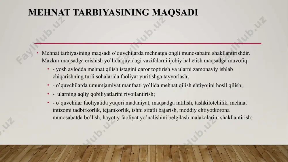 vchilarga iqtisodiy bilim berish, ularda ishchanlik, tartiblilik, ehtiyotkorlik xilatlarini shakllantirish tarbiyaviy ishlarning tarkibiy qismlaridan sanaladi. iqtisodiy ta’lim o‘quvchilarga xo‘jalik yuritish tizimi (oila budjetini shakllantirish, xo‘jalikni yuritish, mavjud moddiy boyliklarni asrash, ko‘paytirish, savdo-sotiq munosabatlarini to‘g‘ri tashkil etish va hokazo) ni tashkil etish ko‘nikma va malakalarini shakllantirishdan iborat pedagogik faoliyat jarayoni. iqtisodiy tarbiya o ‘quvchilarga iqtisodiy bilimlarni berish, ularda xo‘jalik yuritish faoliyat (oila budjetini shakllantirish, xo‘jalikni yuritish, mavjud moddiy boyliklarni asrash, ko‘paytirish, savdo-sotiq munosabatlarini to‘g‘ri tashkil va hokazolar)ni tashkil etish ko‘nikma va malakalarini shakllantirishdan iborat. e’tiboringiz uchun rahmat. image2.jpeg image3.jpeg image4.jpeg image5.jpeg image6.jpeg image7.jpeg image8.jpeg image9.png image10.png image1.jpg /docprops/thumbnail.jpeg