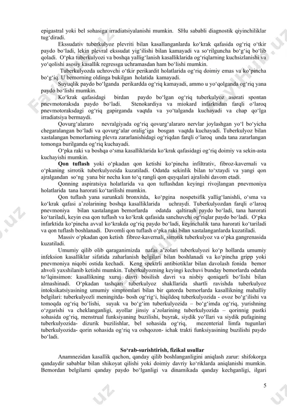 yallig‘lanish jarayonlari asoratlarida kuzatiladi. yo‘tal o‘pka, nafas yo‘llari, plevra, ko‘ks oralig‘ining yallig‘lanishli, o‘sma va boshqa kasalliklarida uchraydi. tuberkulezning erta bosqichlarida yo‘tal kuzatilmasligi mumkin. ba’zida kasallar davriy paydo bo‘lib turuvchi yo‘talni e’tirof etishadi. tuberkulez kuchayishida yo‘tal ortadi. u quruq (no​produktiv) yoki balg‘am ajralishi bilan (produktiv) bo‘lishi mumkin. quruq xurujsimon yo‘tal bronxlarning kattalashgan limfa tugunlari bilan ezilganda yoki ko‘ks oralig‘i a’zolarining siljishida paydo bo‘ladi. bunday siljish ekssudativ plevritli bemorni plevra bo‘shlig‘ida ko‘p miqdorda ekssudat to‘planganda kuzatiladi. quruq xurujsimon yo‘tal ayniqsa bronxlar tuberkulyozida paydo bo‘ladi. tuberkulyoz kasalligi bilan kasallanganlarda produktiv yo‘tal o‘pka to‘qimasining destruksiyasi bo‘lganida (strukturasi buzilganida), bronxonodulyar oqma paydo bo‘lganida hamda plevra bo‘shlig‘idan yiring yoki suyuqlikning bronx daraxtiga ochilishida paydo bo‘ladi. tuberkulyozda yo‘tal, bundan tashqari surunkali nospetsifik bronxit hamda bronxoektazlarda bo‘lishi mumkin. balg‘am tuberkulyozning boshlang‘ich bosqichida bemorlarda ko‘pincha yo‘q yoki uning ajralishi qo‘shilib kechuvchi surunkali bronxit tufayli bo‘ladi. o‘pka to‘qimasining parchalanishi boshlanganidan so‘ng balg‘am miqdori osha boshlaydi. asoratlanmagan o‘pka tuberkulyozida odatda rangsiz, …