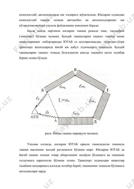 вақт (бунга манёвр қилиш хамда хужжатларни расмийлаштириш вақти хам киради); embed equation.3 — кириб-чиқишларнинг умумий сони. 3. иш куни давомидаги айланишлар сони: 4. иш куни давомида ташилган юк миқдори: 5. иш куни давомида бажарилган юк обороти: бунда: —икки кириб-чиқиш оралиғидаги юк кўтарувчанликдан фойдаланиш коэффициента, — икки кириб-чиқиш оралиқ масофаси, км; мисол. йиғиб ташиш маршрутида ишловчи автомобил юк кўтарувчанлиги қ 2,5 т; икки кириб-чиқиш оралиқ масофаси қ 2,0 км; қ 3,0 км; қ 5 км; қ 3,5 км; ва қ 1,5 км, бунда ташилган юклар қ 0,3т, қ 0,7т, қ 1,2т, ва қ 2,0т, қ 0,5 соат, қ 5 мин, қ 20 кмғсоат, , ва , лар аниқлансин. ечими: марказлаштирилган ташишлар транспорт жараёнида уч томон қатнашади: юк жўнатувчи (етказиб берувчи), транспорт ташкилоти ва юк қабул этувчи. улар хар бирининг транспорт жараёнидаги вазифасига кўра ташишлар марказлаштирилган ва марказлаштирилмаган хилларга бўлинади. марказлаштирилган ташиш​лар дейилганда, шундай ташиш жараёнини ташкил этиш тушуниладики, унда транспорт ташкилоти …