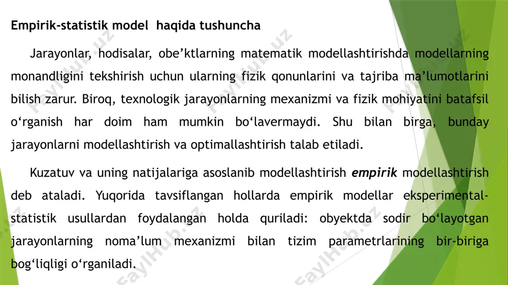 h ya’ni bo’lgan holda obyektning matematik modeli esa quyidagi ko‘rinishda bo‘ladi (2.1) bu yerda – chiqish qiymati, – erkin o‘zgaruvchilar, – empirik modelning koeffitsientlari. bu funksiyalarning taqribiy analitik ko‘rinishlarini topishda ko‘p o‘zgaruvchili parametrik funksiyalar qo‘llaniladi. ulardan eng ko‘p foydalaniladigan funksiyalar quyidagilardir: agar larning har biri bir-biriga bog’liq bo’lmagan holda ning qiymatini o’zgartirish mumkun bo’lsa: agar larning barchasi birgalikda qo’llangandagina ning qiymatini o’zgartirish mumkun bo’lsa: bu yerda va – ko‘rilayotgan sohadagi uzluksiz funksiyalar, -lar noma’lum parametrlar. shu noma’lum parametrlarni tanlash orqali bu funksiyalar muayyan texnologik jarayonga taqriban mos qo‘yiladi. bu funksiyalarning oxirgi ikktasidan boshqalari noma’lum parametrlarga nisbatan chiziqlidir, oxirgi ikkitasini ham logarifmlash orqali parametrlarga nisbatan chiziqli holga keltirish mumkin. bundan, kompyuterda ularning barchasiga bir xil texnologiyani qo‘llash mumkin ekaligini anglashimiz mumkin. faqat berilgan qiymatlarni funksiyaga mos ravishda o‘zgartirish kerak bo‘ladi xolos. logarifmlash bilan o‘zgartirilgan oxirgi funksiyada noma’lum parametr logarifmi aniqlanadi, so‘ng teskari operatsiya orqali qayta o‘z holiga keltiriladi. korrelyatsion tahlil usullari …