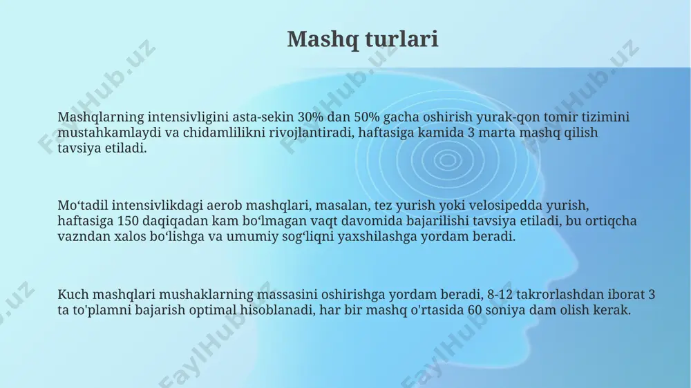 o'ringan joyga qo'ying. bu sizga doimiy ravishda eslatma bo'lib xizmat qiladi va motivatsiyangizni yuksaltiradi, muvaffaqiyatga erishish ehtimolini oshiradi. rejangizni tuzish sog'lom ovqatlanish rejasi bilan birgalikda muntazam jismoniy mashqlar bajarish, tana yog'ini kamaytirishga va umumiy jismoniy holatini yaxshilashga yordam beradi, bu esa metabolizmni tezlashtiradi va energiya darajasini oshiradi. kuch mashqlari haftada kamida 2 marta, barcha asosiy mushak guruhlarini (oyoq, qo'l, ko'krak, orqa) qamrab oladigan tarzda bajarilishi tavsiya etiladi, bu esa mushak massasini oshirishga va suyak zichligini mustahkamlashga yordam beradi. jismoniy faollikning yetarli darajasi kuniga kamida 150 daqiqa o'rtacha intensivlikdagi yoki 75 daqiqa yuqori intensivlikdagi mashqlarni o'z ichiga oladi, bu esa yurak-qon tomir salomatligini yaxshilaydi. jismoniy tayyorgarlikning ahamiyati jismoniy faollik miya faoliyatini yaxshilaydi, konsentratsiyani oshiradi va kognitiv funksiyalarni, shu jumladan xotirani 15-20% ga yaxshilaydi. muntazam jismoniy mashqlar suyak zichligini 10% gacha oshirib, osteoporoz xavfini pasaytiradi va mushak massasini 5-10 kg gacha ko'paytiradi. jismoniy tayyorgarlik yurak-qon tomir tizimining samaradorligini 20-30% ga oshiradi, bu …