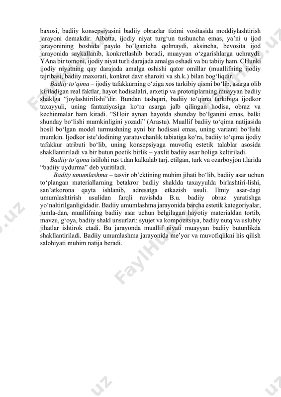muallifning o‘zi to‘liq boshqara olmaydi. badiiy voqelikning kutilmaganligi, avvaldan ma’lum emasligi “san’at – san’at uchun” va “san’atning tendensiozligi” (tarafkashligi) kabi tushunchalarning o‘zaro mohiyati badiiy ijodning murakkabligi bilan izohlanadi. har qanday badiiy matnning tarixiy ildizlari qad. madaniyatga borib ulanadi. inson hali tabiatni o‘zlashtirmagan vaqtida ham san’atga o‘xshash narsalarni ijod qiladi (qoyatoshlarga rasmlar chizadi, ovda o‘lja mo‘lligini tilash va kasalliklarni haydash so‘zlarini o‘rganadi). farq shundaki, hoz. badiiy matnlar xalq o‘qishi, tinglashi uchun yaratilgan bo‘lsa, qadimgisi magiya uchun xizmat qilgan. badiiy asar yozish jarayoni ijodkorning g‘oyaviy niyat, maqsadi bilan boshlanadi. ijodiy maqsadning muhim yoki arzimasligi ijodkor shaxsining olamni qanday idrok etishi, iste’dodi tabiati, hayotiy tajribasi, umumiy madaniy saviyasi bilan bog‘liqdir. badiiy ijodda aksariyat muallif o‘quvchi, tinglovchiga qanday qilsa, etib borishini o‘ylaydi, ya’ni ijodning oxiri boshlanishiga ta’sir ko‘rsatadi. ijodiy niyatda badiiy asar mazmuni hali pishib etilmagan, ammo asarning umumiy g‘oyasi aniqlangan bo‘ladi; ijodiy niyat bo‘lg‘usi badiiy matnning shakl-shamoyilida ko‘rinadi va unda badiiy asar mavzuiga …