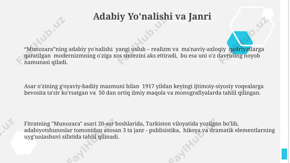 almashinuvi muhitini yaratishga qaratilgan, 21-asrda ham ahamiyatlidir. “munozara”dagi muallifning muloqot uslubi va mantiqiy dalillari, hozirgi zamon bahs-munozaralari va siyosiy jarayonlarda samarqand, buxoro kabi shaharlarning tarixiy tajribalari misolida ko'rib chiqilishi mumkin. fitratning "munozara"si 20-asr o'zbekistonining intellektual muhitini aks ettirib, bugungi kunda demokratiya va fikr erkinligi masalalarida 100 yildan ortiq vaqt o'tgach ham dolzarbligicha qolmoqda. fitratning hayoti va ijodi uning ijodida 100 dan ortiq she'rlar, hikoyalar, maqolalar, pyesalar va boshqa turdagi adabiy asarlar mavjud boʻlib, ularning aksariyati turkiston hududida yozilgan. fitratning "munozara" asari, 1910-yillarning boshlarida yozilgan boʻlib, zamonaviy oʻzbek adabiyotining shakllanishida muhim rol oʻynadi va hozirgi kunda ham oʻrganilmoqda. abdurauf fitrat 1886-yilda toshkent shahrida tugʻilib, 29 yoshida rus tilida nashr etilgan bir qancha asarlari bilan tanilgan. uning ijodida milliy gʻoyalar va taraqqiyot masalalari muhim oʻrin egallagan. asar mazmuni va gʻoyasi munozarada 3 ta asosiy mavzu – din, millat va madaniyat – oʻzaro bogʻliq holda tahlil qilinadi, 1920-yillardagi ijtimoiy-siyosiy vaziyatni aks ettiradi. asar …