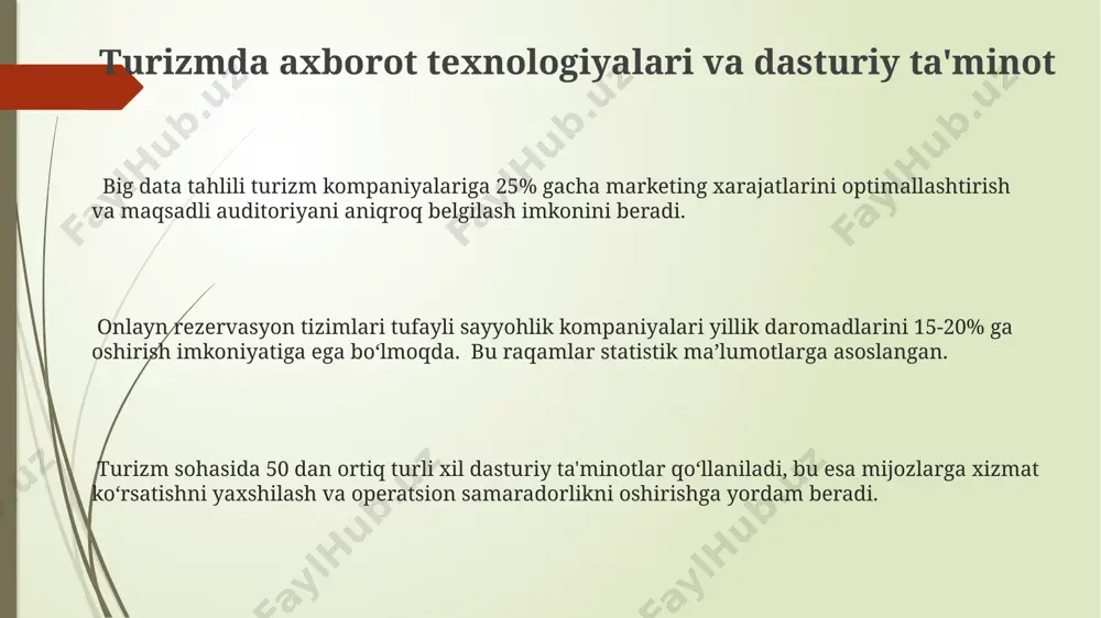 umotlar (big data) tahlili tufayli, turizm sohasi potentsial xavflarni, masalan, 10% gacha bo'lgan sayyohlik oqimlarining pasayishini oldindan bashorat qilish imkoniyatiga ega bo'ladi. turizm ma'lumotlar bazalari, o'rtacha 500 000 dan ortiq yozuvlarni saqlab, sayyohlar sonini, turistik joylarga tashriflarni va boshqa muhim metriklarni kuzatish imkonini beradi. turizm sohasida elektron hukumat tizimlari elektron vizalar va ruxsatnomalarni berish tizimlari sayyohlik sohasiga 5% gacha samaradorlikni oshirishga va sayyohlar uchun chegaradan o'tish jarayonini soddalashtirishga yordam beradi. sayyohlik biznesini rivojlantirish uchun elektron hukumat platformalari orqali 1000 dan ziyod tadbirkorga biznes-rejalarni ishlab chiqish va investitsiyalarni jalb qilish bo'yicha qo'llab-quvvatlash xizmatlari taqdim etiladi. elektron hukumat tizimlari orqali sayyohlik sohasidagi 20 dan ortiq davlat xizmatlarini onlayn tarzda olish imkoniyati mavjud bo'lib, bu vaqtni tejash va byurokratiyani kamaytirishga yordam beradi. turizmni rivojlantirishda xalqaro hamkorlik xalqaro moliyaviy institutlarning (masalan, jahon banki, osiyo taraqqiyot banki) 5 milliard dollardan ortiq mablag’lari turizm infratuzilmasini rivojlantirishga yo’naltirilgan bo’lib, bu samarali xalqaro hamkorlikning yaqqol namunasidir. turizmni rivojlantirishda …