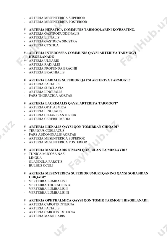 ina - uterus # bachadon holati (joylashishi): + anteversio, anteflexio - retroversio, retroflexio - anteversio, retroflexio - retroversio, anteflexio # bachadon nayida qaysi qism bo‘ladi? + isthmus - corpus - tunica serosa - fascia cremasterica # bachadon nayining qaysi qismlari bor? + pars uterina, isthmus, ampulla, infundibulum - pars uterina, pars pelvina - ampulla, collum, infundibulum - pars abdominalis, pars pelvina # bachadon serbar boylamining yuqori erkin chekkasida varaqlar orasida joylashgan: + tuba uterina - ovarium - vagina - uterus # bachadon yuzalari: + facies vesicalis et facies rectalis - facies superior et facies inferior - facies visceralis et facies parietalis - facies lateralis et facies medialis # bachadonda qanaqa boylamlar bor? + lig.latum, lig.teres - lig.latum, lig.suspensorium - lig.ovarii proprium - lig.cardinale, lig.uteri proprium # bachadonning keng boylamining orqa varag’idan tuxumdonning tutqich chetiga o'tadigan qorin pardaning duplikatsiyasi nima deyiladi? + mesovarium - lig. ovarii proprium - lig. suspensorium ovarii …