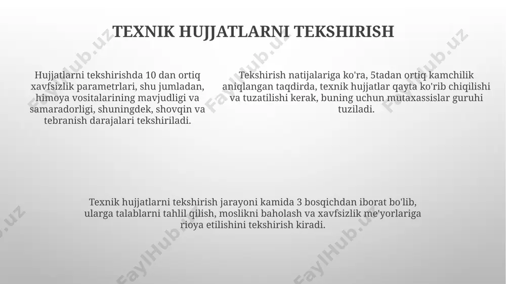 ili va xavfni baholash usullari fmea (failure mode and effects analysis) metodi yordamida 10 ta potentsial xavf aniqlansa, har biri uchun ehtimollik, og'irlik va aniqlash darajasi baholanadi. risk assessment matritsasi xavf darajasini ehtimollik va og'irlik asosida 4 ta toifaga (past, o'rta, yuqori, juda yuqori) ajratadi va har bir toifaga mos keladigan nazorat choralarini tavsiya qiladi. risk assessment matritsasi xavf darajasini ehtimollik va og'irlik asosida 4 ta toifaga (past, o'rta, yuqori, juda yuqori) ajratadi va har bir toifaga mos keladigan nazorat choralarini tavsiya qiladi. xulosa va xulosalar техник хавфсизлик талабларига оид ҳужжатларни таҳлил қилиш натижасида 5 та асосий хавф манбаи аниқланди ва уларни бартараф этиш бўйича 12 та тавсия ишлаб чиқилди. машина ва механизмларнинг техник хавфсизлиги бўйича ҳужжатлардаги 4 та камчилик тури аниқланди, уларнинг олдини олиш учун 8 та муҳим чора-тадбирлар таклиф этилди. ўрганилган 30 та ҳужжатдан 22 тасида стандартларга мувофиқлик даражаси етарли эмас деб баҳоланди, бу эса 73% ни ташкил …