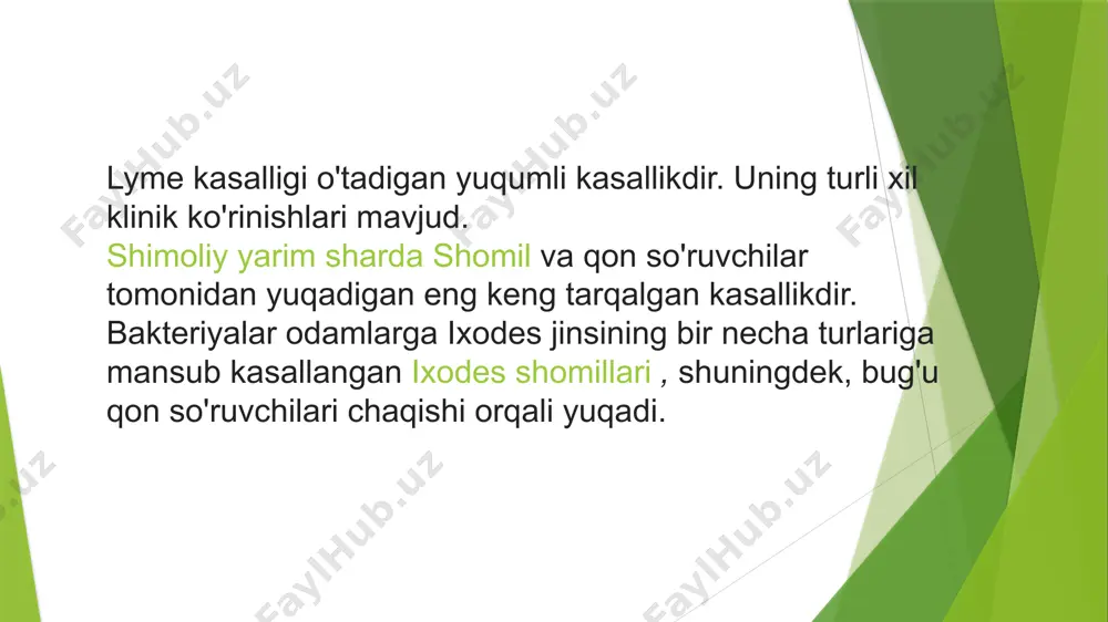 r, itlar, qo'ylar, qushlar, qoramollar. borreliyaning asosiy vektorlari qon so'ruvchilar va shomillar: ixodes damini - aqshda, ixodes ricinus, ixodes persulcatus - yevropada. sutemizuvchilar to'qimalarida spiroketlarni aniqlash juda qiyin. bu mikroorganizm nafaqat juda kichik, spora shakllarini hosil qiladi, lekin, qoida tariqasida, to'qimalarda juda oz miqdorda mavjud. b. burgdorferi ni aniqlashning eng ishonchli usuli namunani borreliyaga flüoresein bilan belgilangan maxsus antikorlar bilan davolashdir. ushbu usul yordamida turli xil sutemizuvchilarning ko'zlari, buyraklari, taloqlari, jigarlari, moyaklar va miyalarida, shuningdek, o'tkinchi qushlarning ba'zi turlarida (tizimli shomil borrelioz geografiyasiga ko'ra, borrelia ko'chish yo'li bilan tarqaladi) topilgan, yuqtirilgan shomillari boʻlgan qushlar). lyme kasalligi uchun yuqori darajada endemik boʻlgan hududlarda borrelia ovqat hazm qilish tizimida ixodes jinsiga mansub shomillarning 90% gacha mavjud, ammo ularning faqat bir nechtasi tupurik bezlarida uchraydi. patogenez shomil tupurigi bilan tizimli shomil borreliozining patogeni inson tanasiga kiradi. terida, shomil so'rish joyida ko'chma halqasimon eritema rivojlanadi. limfa va qon oqimi bilan kiritilgan joydan patogen ichki …