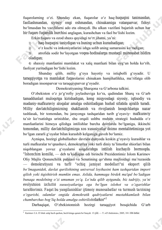 kkuri mevasi bo‘lib, milliy-ma’naviy negizga tayanadi. beshinchidan, milliy g‘oya umumbashariy fikrlar, ilmiy yutuqlarni jamlab singdirinshi ham ko‘zda tutadi. yevropa mutafakkirlaridan biri k.gelvetsiy yozishicha, "vatanga muhabbat butun dunyoga muhabbat bilan muvofiq keladi. ilmu ma’rifat nuridan bahramand bo‘lgan har bir xalq bu bilan o‘z qo‘shnilariga zarar yetkazmaydi. aksincha, davlatlar qanchalik ma’rifatli bo‘lsalar, ular o‘zaro g‘oyalar, bilimlar almashishga moyil bo‘ladilar va oqibatda shu tufayli butun dunyo aqli ortib boraveradi". shu bois milliy g‘oya mamlakatni yakkalab qo‘yadi, taraqqiyotni susaytiradi, deguvchilar xato qiladi. shunday qilib, milliy g‘oya — milliy rivojlanish lokomotivi. bunda davlatchilik g‘oyasi, davlat va uning rahbariga hurmat, milliy davlat salohiyati bilan faxrlanish ham muhim o‘rin tutadi. "bu — mening xalqim, bu — mening "vatanim", deb faxrlangan odam "bu — mening davlatim" deya faxrlana olishi ham keran. davlat bir organizm sifatida o‘zini takomillashtirib, demokratik jamiyatni tashkil etuvchi kuch sifatida har doim millat ravnaqiga rahnamo bo‘lib turadi. o‘zbekistonning istiqlol davridagi rivojlanishi, o‘ziga xos taraqqiyot yo‘li …