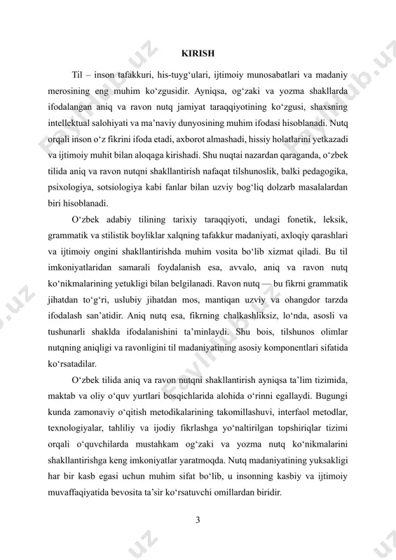 etukligi bilan belgilanadi. ravon nutq — bu fikrni grammatik jihatdan to‘g‘ri, uslubiy jihatdan mos, mantiqan uzviy va ohangdor tarzda ifodalash san’atidir. aniq nutq esa, fikrning chalkashliksiz, lo‘nda, asosli va tushunarli shaklda ifodalanishini ta’minlaydi. shu bois, tilshunos olimlar nutqning aniqligi va ravonligini til madaniyatining asosiy komponentlari sifatida ko‘rsatadilar. o‘zbek tilida aniq va ravon nutqni shakllantirish ayniqsa ta’lim tizimida, maktab va oliy o‘quv yurtlari bosqichlarida alohida o‘rinni egallaydi. bugungi kunda zamonaviy o‘qitish metodikalarining takomillashuvi, interfaol metodlar, texnologiyalar, tahliliy va ijodiy fikrlashga yo‘naltirilgan topshiriqlar tizimi orqali o‘quvchilarda mustahkam og‘zaki va yozma nutq ko‘nikmalarini shakllantirishga keng imkoniyatlar yaratmoqda. nutq madaniyatining yuksakligi har bir kasb egasi uchun muhim sifat bo‘lib, u insonning kasbiy va ijtimoiy muvaffaqiyatida bevosita ta’sir ko‘rsatuvchi omillardan biridir. ayniqsa, bugungi globallashuv, turli til va madaniyatlar o‘rtasidagi faol axborot almashinuvi sharoitida o‘zbek tilining nutqiy imkoniyatlarini kengroq o‘rganish, aniq va ravon nutq namunalarini shakllantirish orqali davlat tilining mavqeini mustahkamlash dolzarb ahamiyat kasb etmoqda. nutqning …