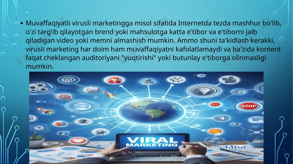 uni boshqa odamlar bilan baham ko'rishga tayyor bo'lishadi. virusli marketingda muvaffaqiyatga erishish uchun yaratgan kontentingizning ijodiy va qiziqarli bo‘lishi, shuningdek, foydalanuvchilarga o'zaro tarqatishga imkon beradigan rag'batlarni taqdim etish muhimdir. xulosa: virusli marketing – bu brend yoki mahsulotni tezda va keng auditoriyaga tarqatish uchun ishlatiladigan samarali strategiya. ushbu strategiya, foydalanuvchilarning ijtimoiy tarmoqlar va boshqa onlayn platformalarda kontentni o'zaro bo'lishishiga asoslanadi. virusli marketingning muvaffaqiyatli bo'lishi uchun yaratgan kontentingiz emotsional, qiziqarli, va esda qoladigan bo'lishi kerak. umuman olganda, virusli marketing muvaffaqiyatli bo'lishi uchun yaratgan kontentning qiziqarli, hissiy va innovatsion bo'lishi kerak, bu foydalanuvchilarning o'zaro ulashishiga turtki beradi. image2.png image3.jpeg image4.jpeg image5.jpeg image6.jpeg image7.jpeg image8.png image9.png /docprops/thumbnail.jpeg